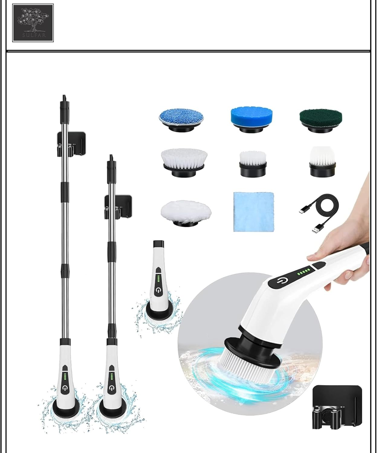 Sulfar Electric Spin Scrubber, Cordless Cleaning Brush with 7 Replaceable Drill Brush Heads and 54 Inch Adjustable Extension Arm, Power Shower Scrubber for Bathroom, Kitchen, Floor, Tile, Tub image number 6