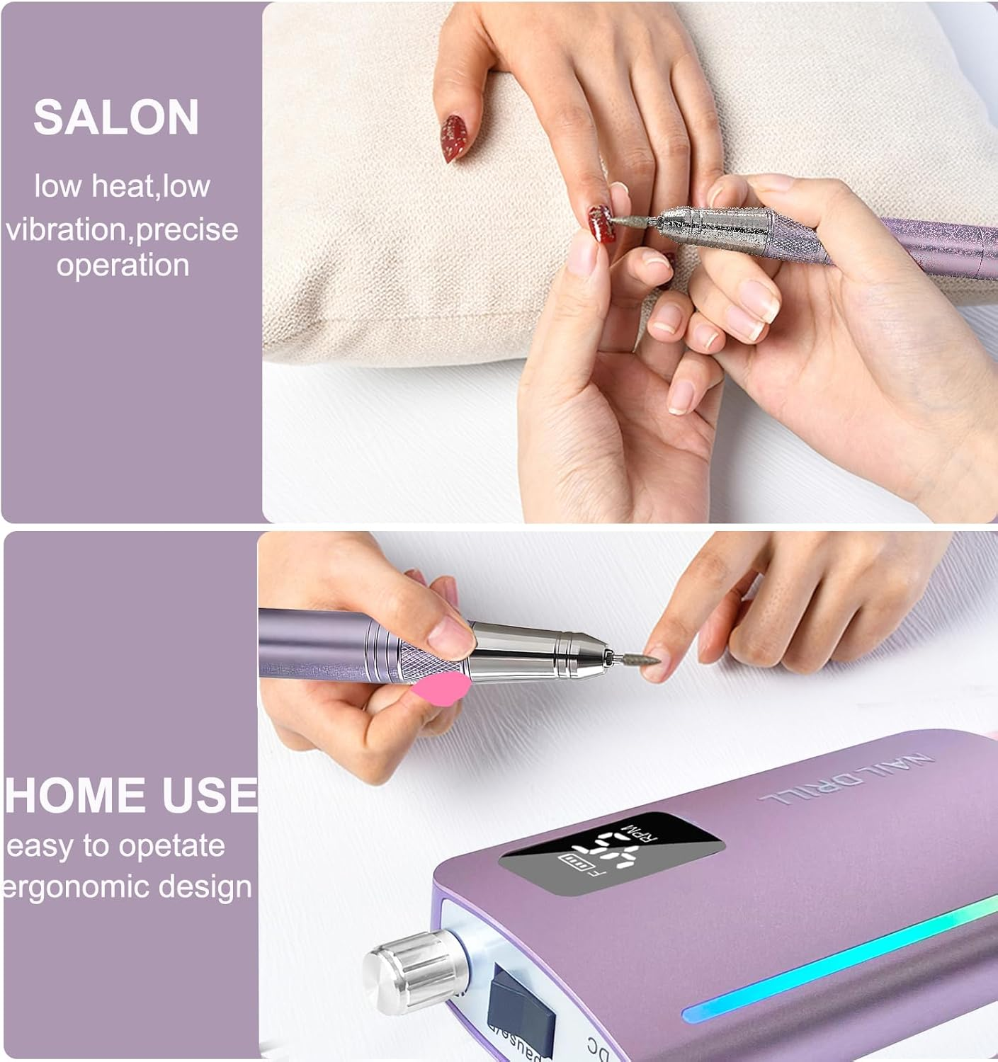 Professional Coreless Electric Nail Drill, 45000 RPM Portable Alloy Nail File Machine Rechargeable for Nail Salon,Midicure,Pedicure (Purple) image number 4