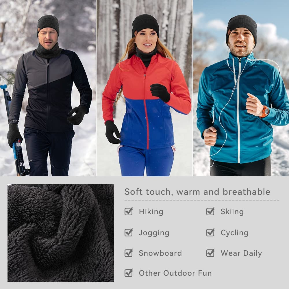 OZERO Winter Beanie Gloves Scarf Set Men and Women Scarf Gloves Set Winter Warm Knitted Beanie and Touch Screen Gloves(Black 3 Pieces)