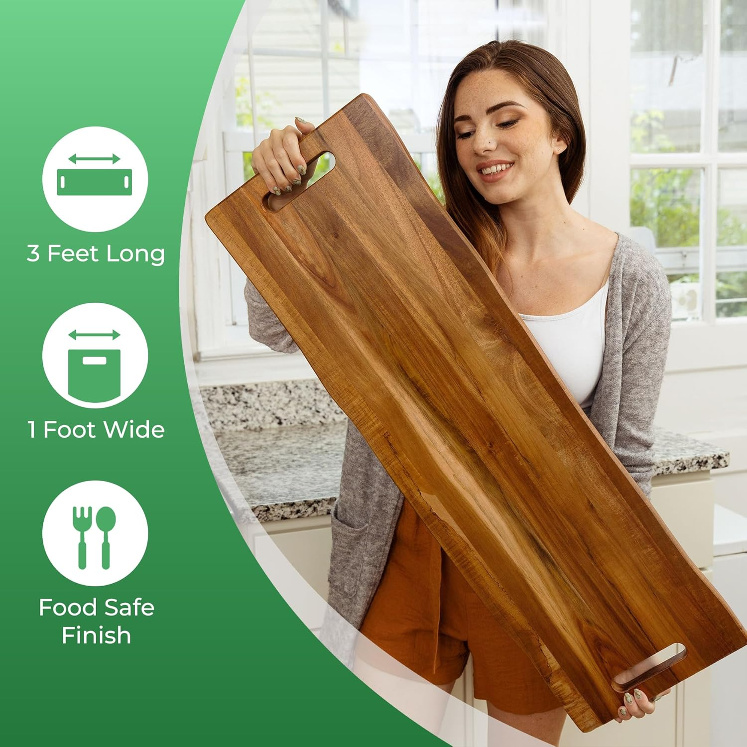 Large Acacia Serving Board with Handles, 36 X 12 Inch Rectangular Charcuterie Platter, Natural Wood Server for Meat, Cheese Board, and Party Appetizers, Extra Long 3Ft, Light - Light image number 5
