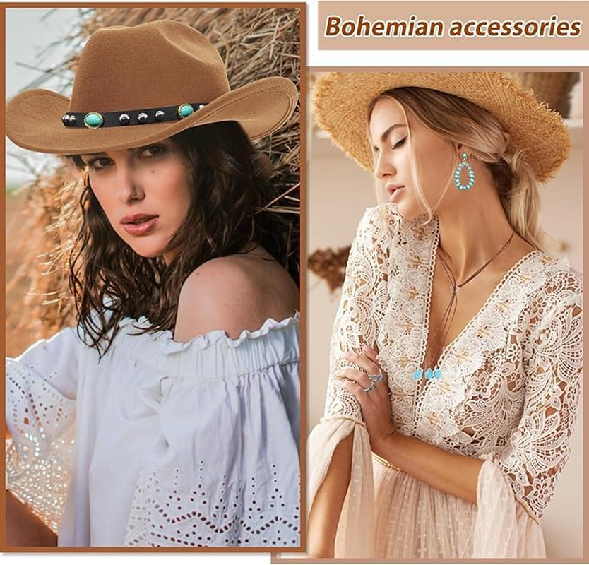 5Pcs Cowboy Hat Accessories for Women, Western Cowgirl Costume Set with Wide Brim Cow Boy Hat Turquoise Necklace Earrings Rings 70S Boho Hippy Fancy Dress for Adult Cosplay Carnival Halloween image number 2