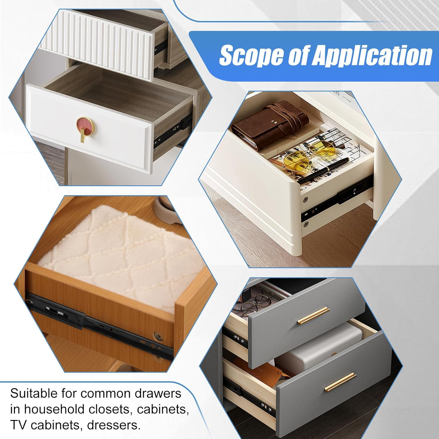 Drawer Runners, 10 Inch 4 Pairs (8 Pack) Full Extension Ball Bearing Drawer Runners, Side Mount, 3-Fold Metal Dresser Runners for Filing Cabinet, Trash Can, Kitchen, Wardrobe, 25.4