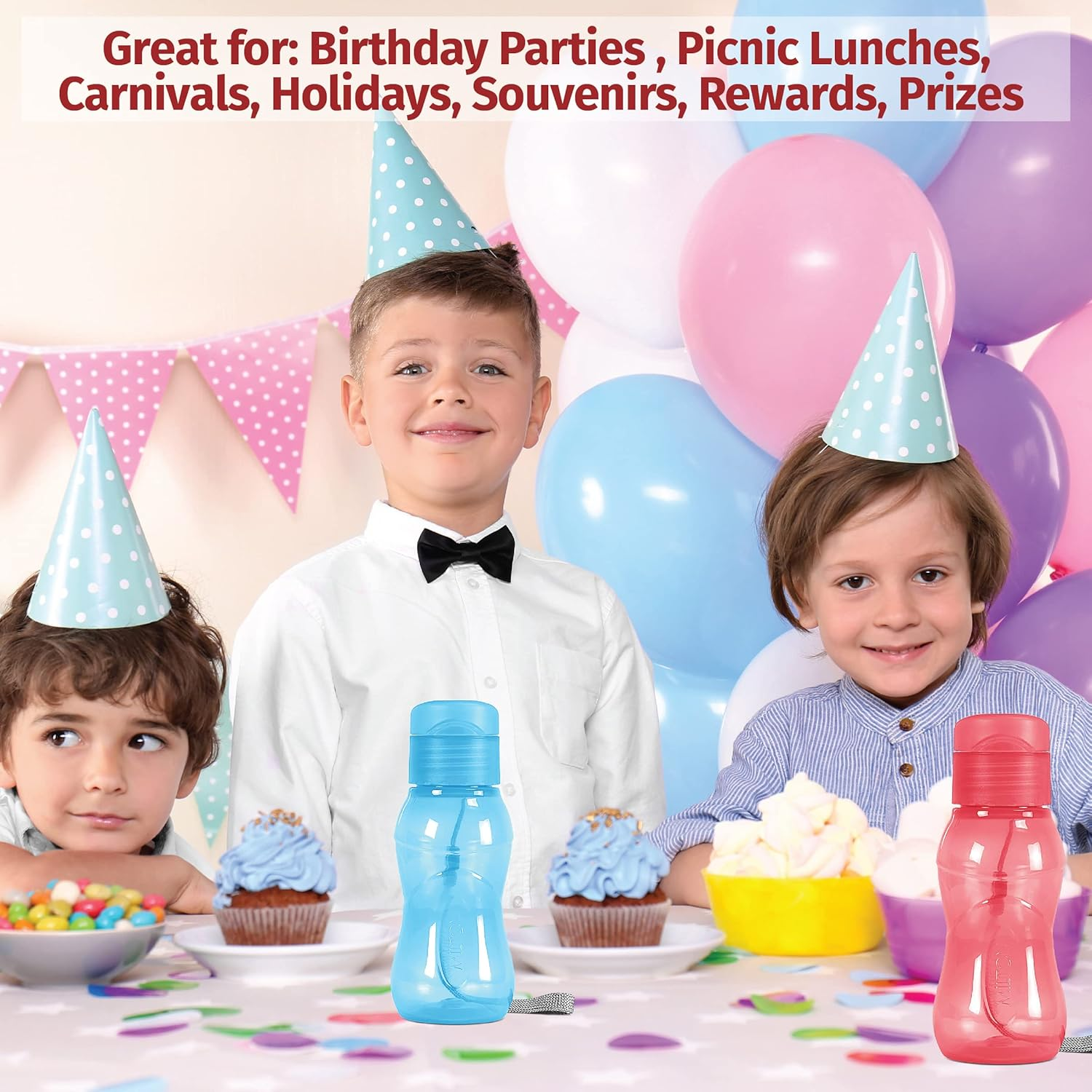 MILTON 8 Pack 6 Oz Kids Water Bottle for School Leak Free Flip Lid- Small Sports Water Bottle for Adults Carry Strap Party Favors for Kids Treats Prizes Gifts Goodie Bag Stuffers Bulk Pack Set of 8 - Red/Pink/Black/Purple image number 2