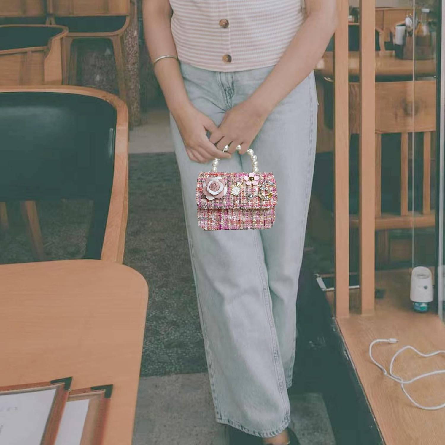 Girls Princess Purses Cute Crown Crossbody Bag Handbag with Pearl Handle for Girls - Flowertype-Beige image number 3