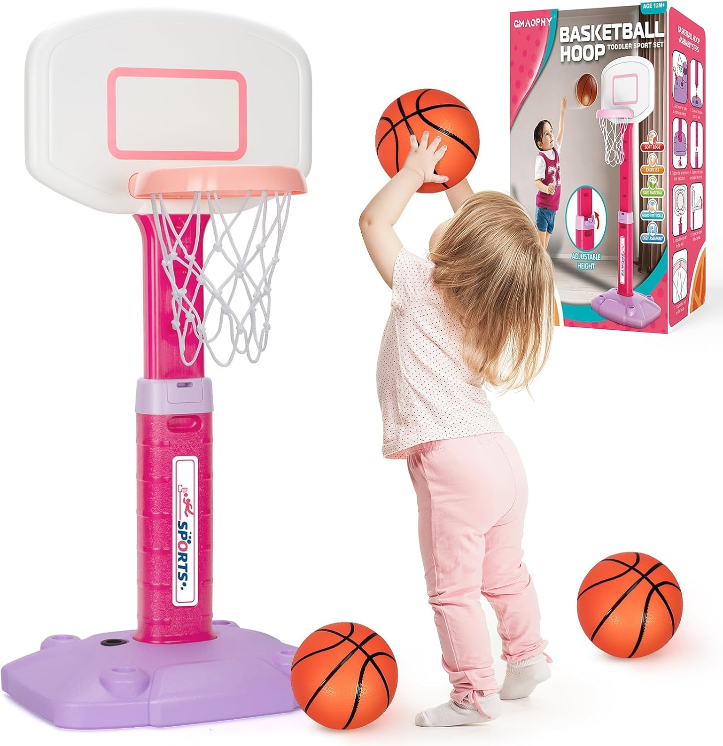 Toddler Basketball Hoop Indoor for Age 1-3, Adjustable Kids Basketball Hoop, Pink Mini Basketball Hoop with 3 Balls for Outdoor Poolside, Birthday Christmas Sport Toys for Baby Boys Girls 2 3 4 5