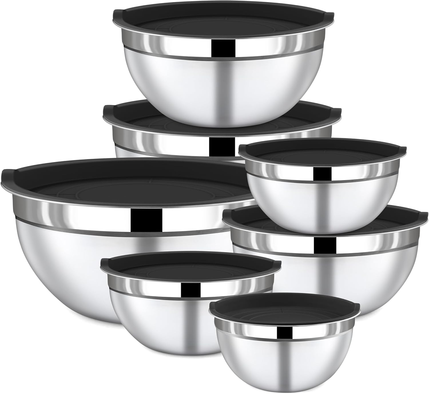 BEWOS 7-Piece Stainless Steel Mixing Bowl Set with Lids - Nesting Bowls for Space Saving, Dishwasher Safe, Sizes 0.84, 1.32, 1.80, 2.52, 4.20, 4.80, 5.40 QT for Mixing & Serving image number 1