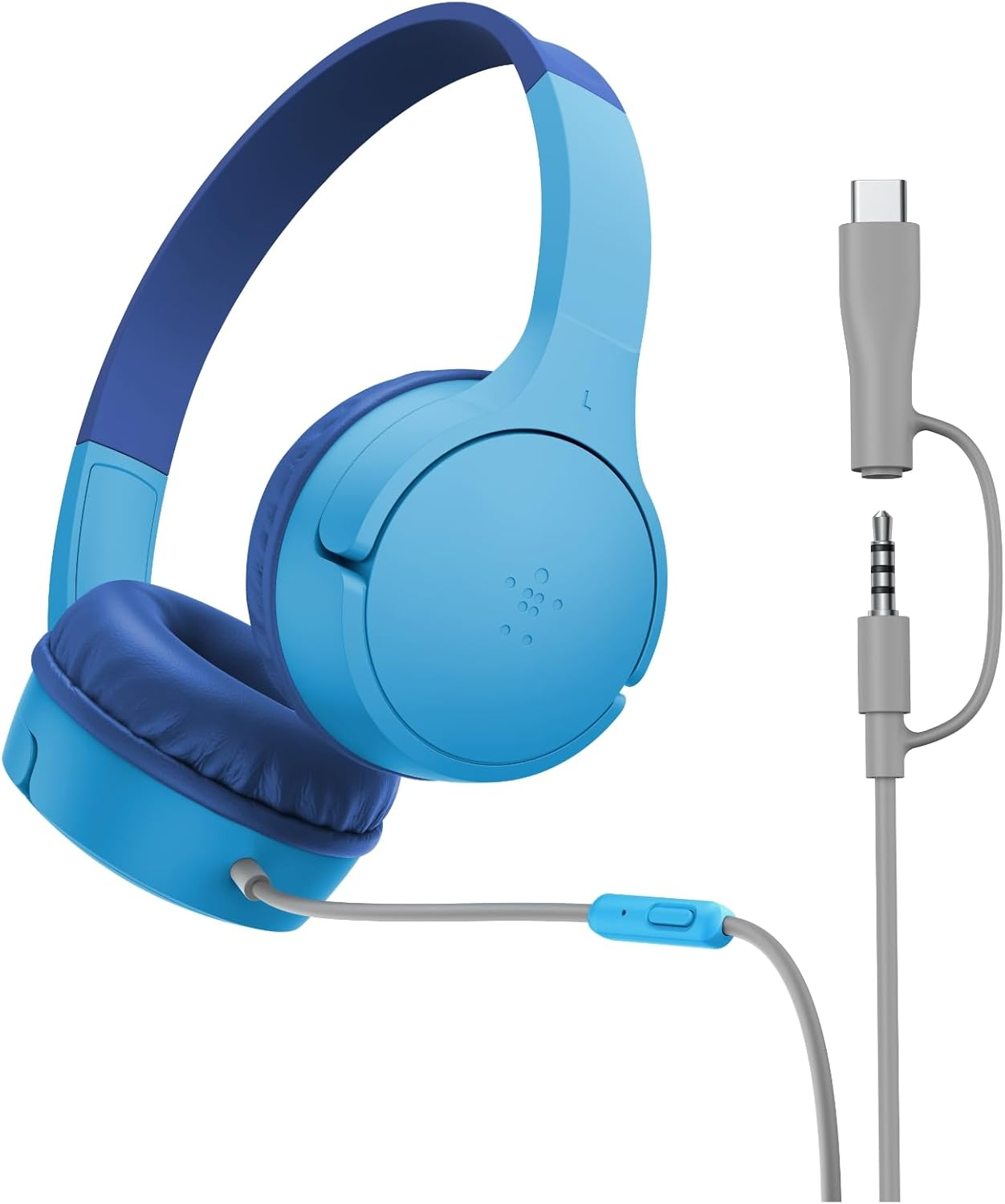 Belkin Soundform Mini Kids Wired Headphones W/Usb C to 3.5Mm Dongle, Built-In Mic & Fun Stickers, 85Db Max Volume &ndash; for Online Learning, Travel, Compatible W/Iphone 16, Ipad, Galaxy S25, Etc - Blue