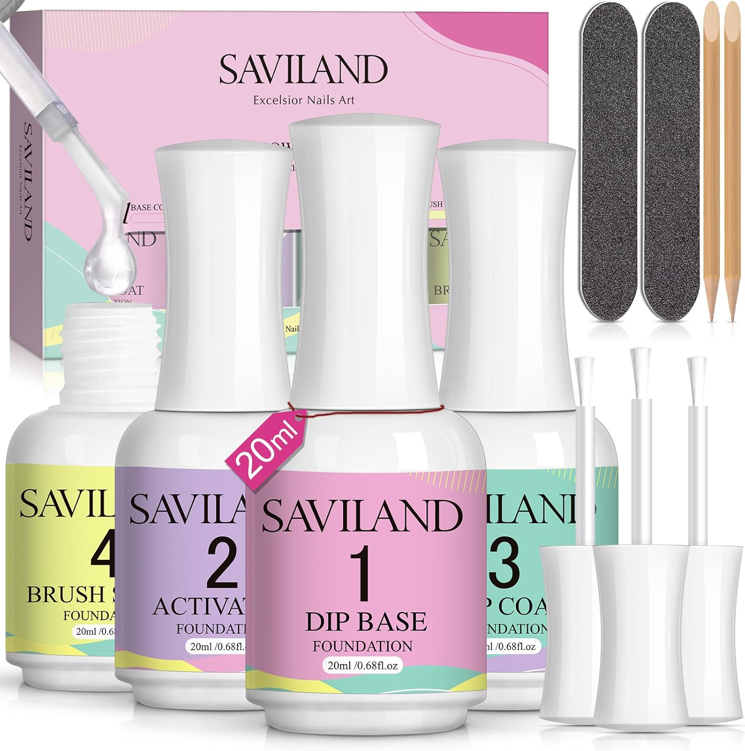 SAVILAND Dip Powder Liquid Set: 20 Ml Ultimate Nail Dip System Essentials Liquid Large Capacity Dipping Base Activator Top Coat Brush Saver No Curing Needed for DIY Home Manicure image number 6