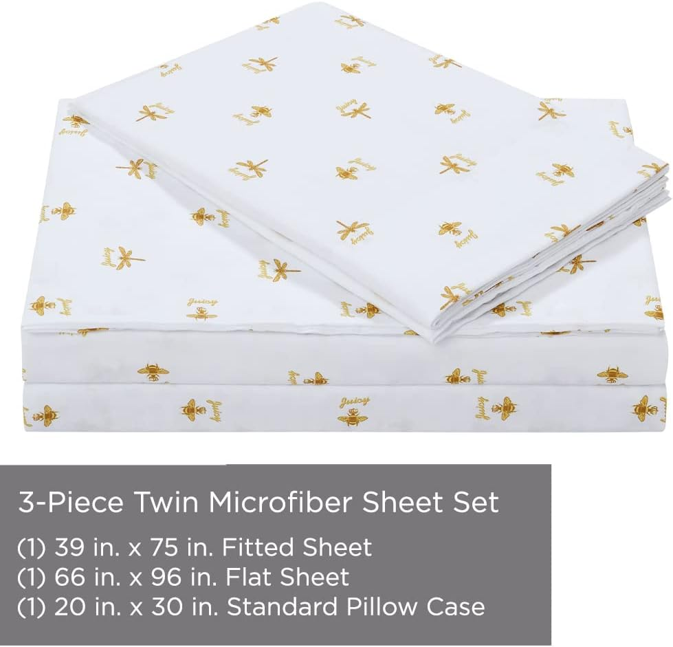 Juicy Couture &ndash; Sheet Set | Queen Bee Design Bed Sheets| Twin Size Bedding | 3 Piece Set Fitted Sheet, Flat Sheet and Pillowcase | Deep Pockets, Wrinkle Resistant and anti Pilling | White and Gold image number 6