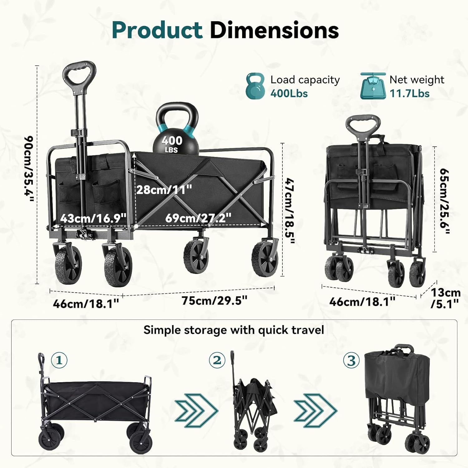 Collapsible Folding Wagon, Outdoor Utility Wagon, Adjustable Beach Wagon Cart with All-Terrain Big Wheels, Portable Grocery Wagon for Outdoor, Camping, Sports, Beach & Shopping image number 5