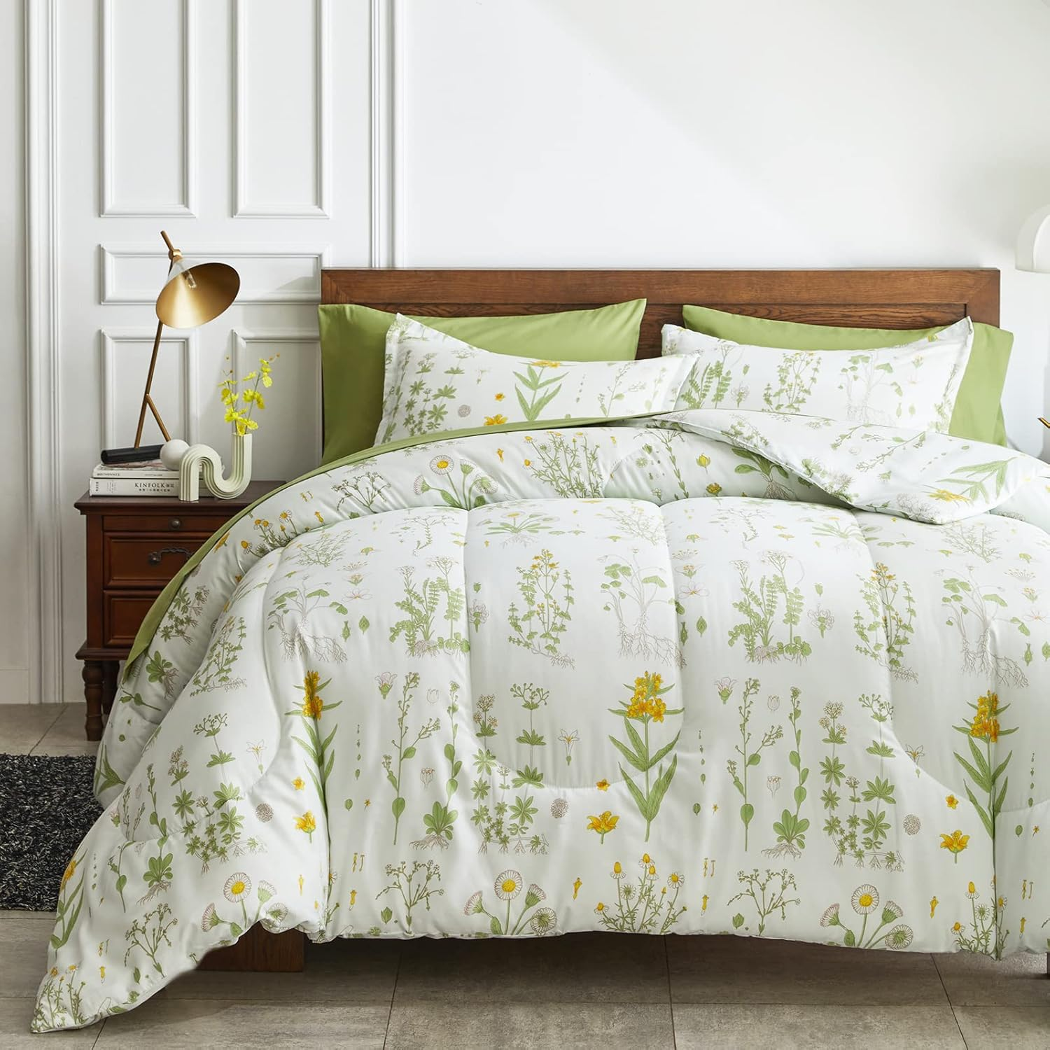 Joyreap 7 Piece Bed in a Bag Queen, Green Leaves Printed on White Botanical Design, Microfiber Set for All Season (1 Comforter, 2 Pillow Shams, 1 Flat Sheet, 1 Fitted Sheet, 2 Pillowcases)