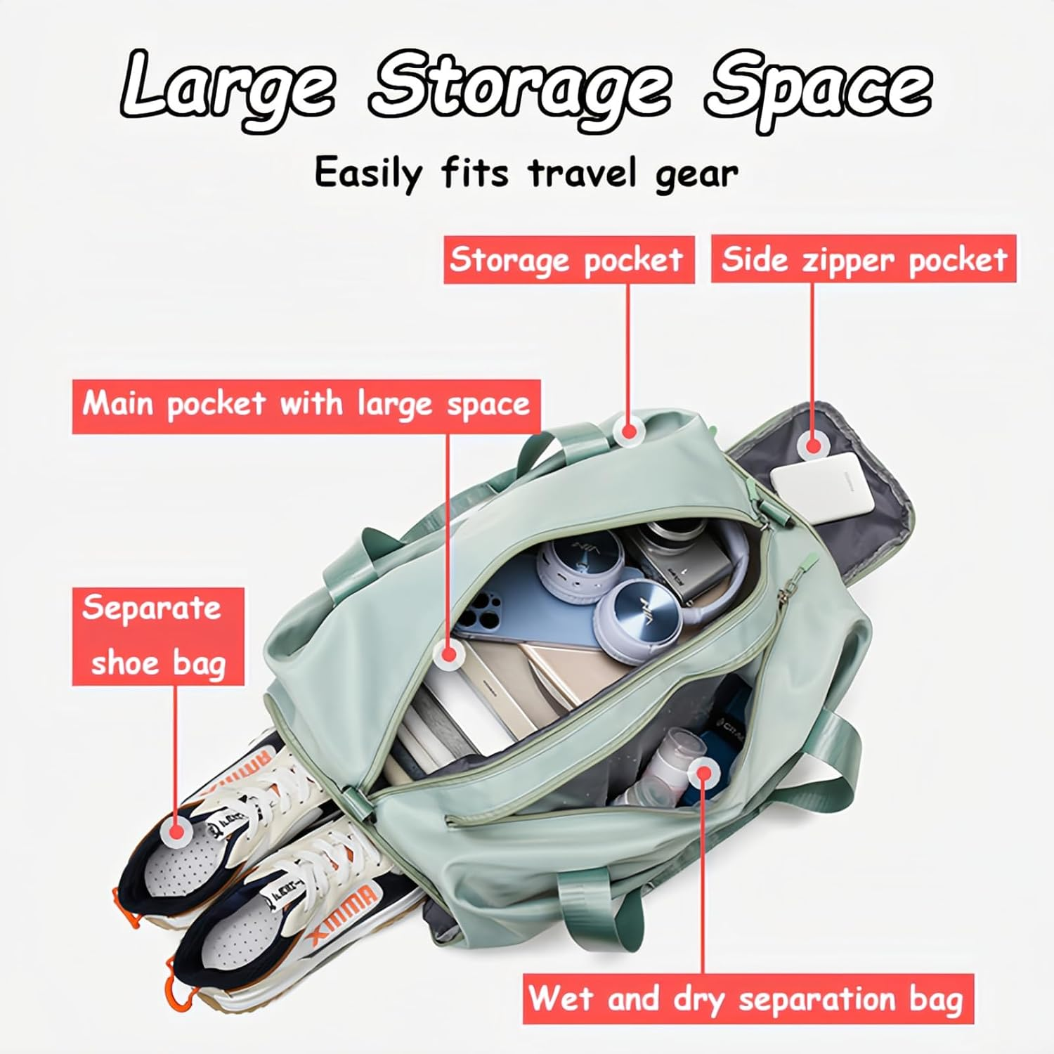Sports Gym Bag, Waterproof Travel Duffels Bag with Shoe Compartment, Wet-Dry Storage for Travel, Yoga, Swimming, 42X24X30 Cm (Pink) image number 2