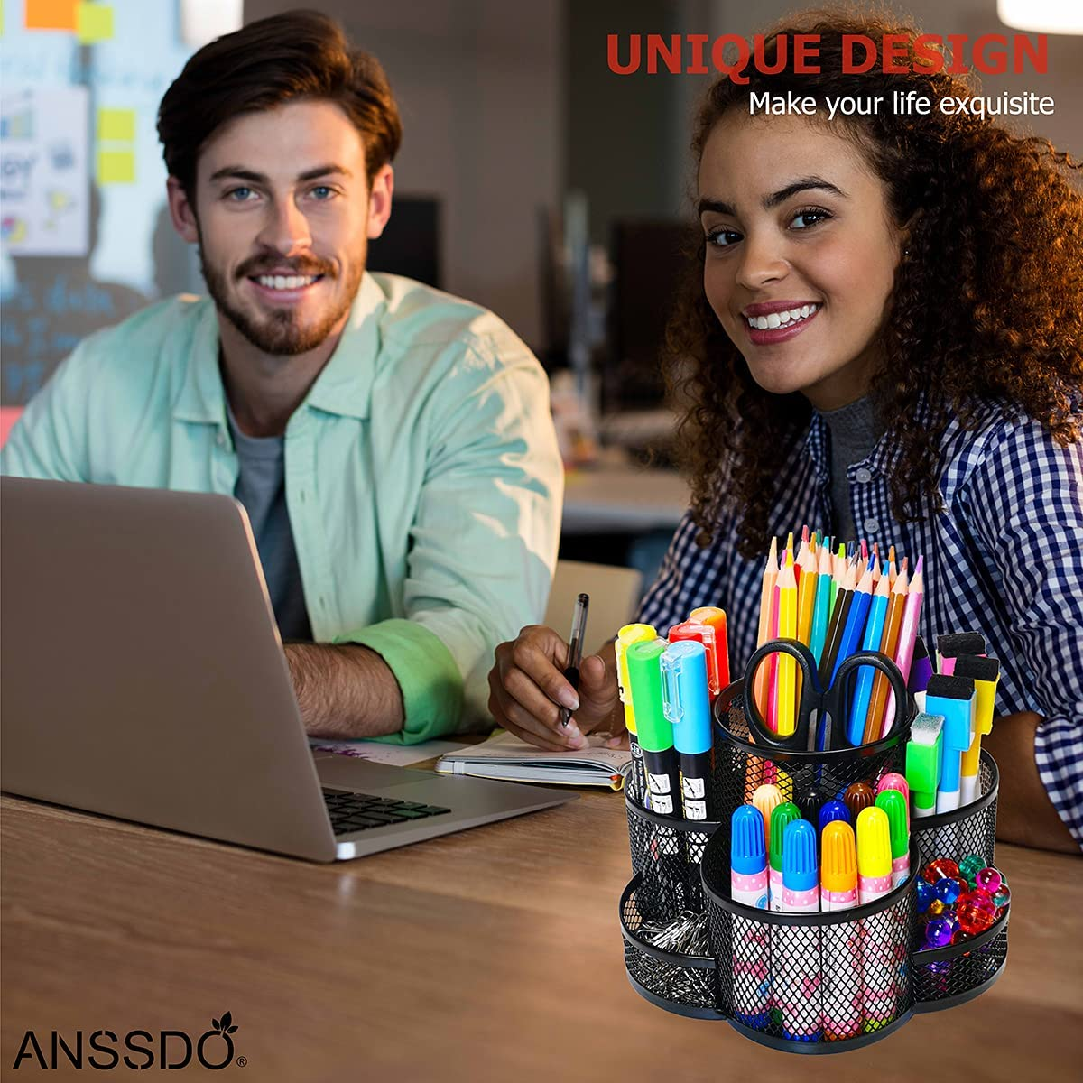 Pen Holder for Desk, 360-Degree Rotating Desk Organizers with 7 Compartments &ndash;Storage 400+ Pencils, Black Desk Accessories & Workspace Organizer Mesh Desktop Caddy for Office School & Art Supplies image number 1