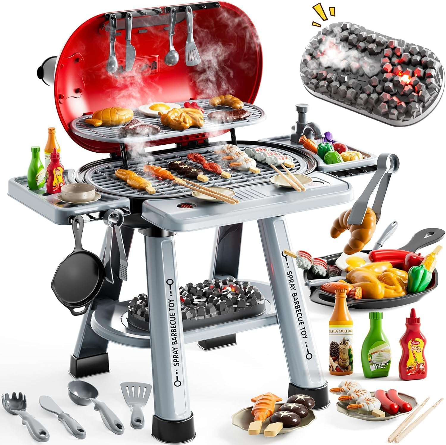 JUKUDAHU 65 PCS Play Kitchen Barbecue Toys Set for Kids Ages 3 4 5 6 7-2-Layer BBQ Grill Toys Play Food Set with Sound Smoke, Little Chef Cooking Pretend Play Gifts for Boys Girls 3-5 Indoor Outdoor image number 3