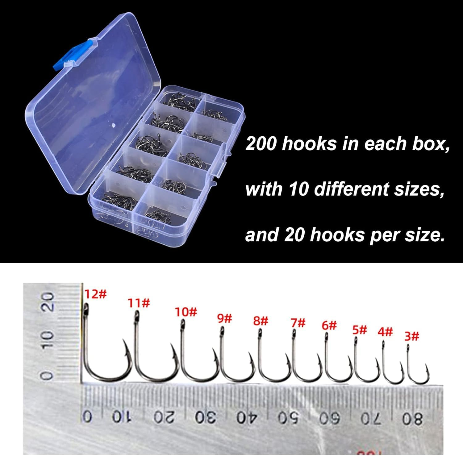 HENWUBEI 200PCS Premium Fishing Hooks, 10 Sizes Carbon Steel Fishing Hooks W/Portable Plastic Box, Strong Sharp Fish Hook with Barbs for Freshwater/Seawater image number 2