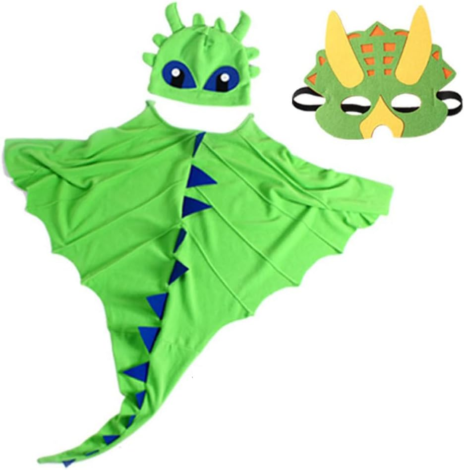 AUTOWT Dinosaur Costume Cape Set for Kids, 3 PCS Children Dragon Wing Cloak with Mask and Hat, Dino Clothes Outfits for Boys Girls Toddler Birthday Halloween Pretend Dress-Up Party Favors