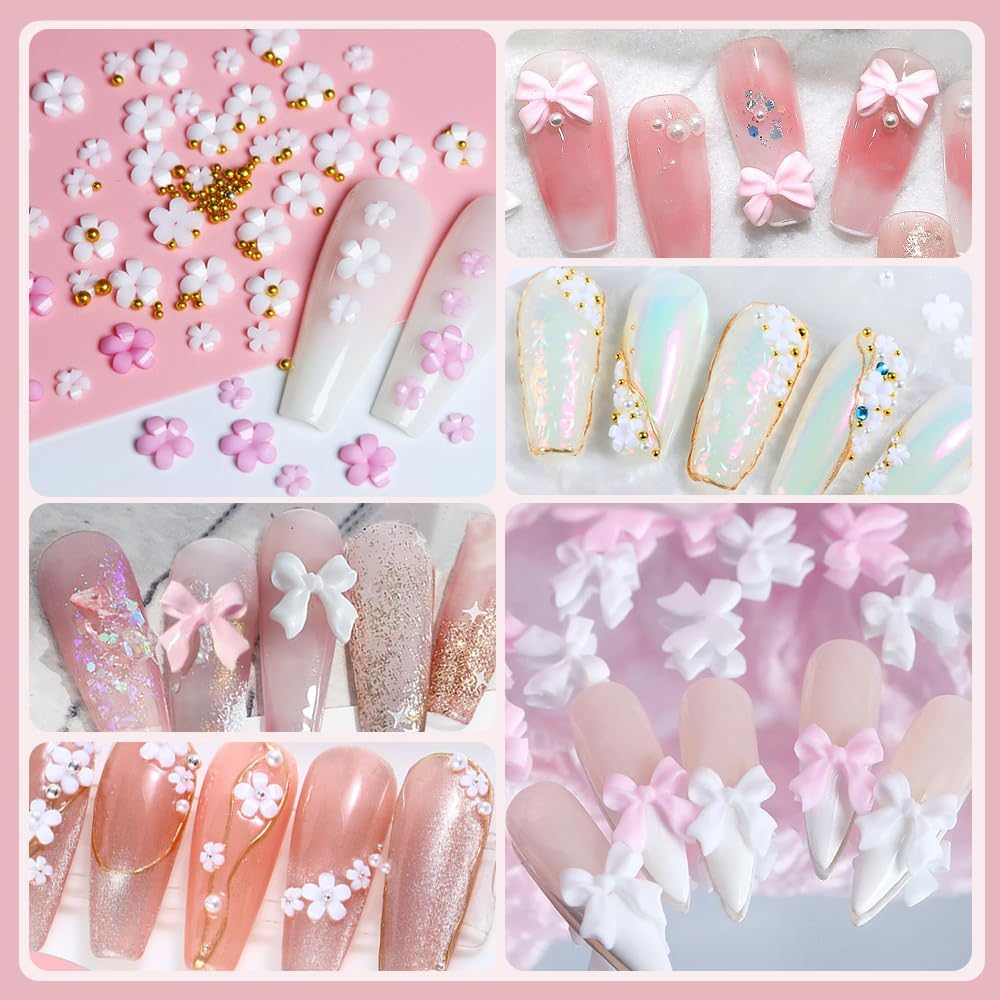 Nail Charms, Flower Nail Charms 3D Pink Bow Nail Art Decoration image number 3