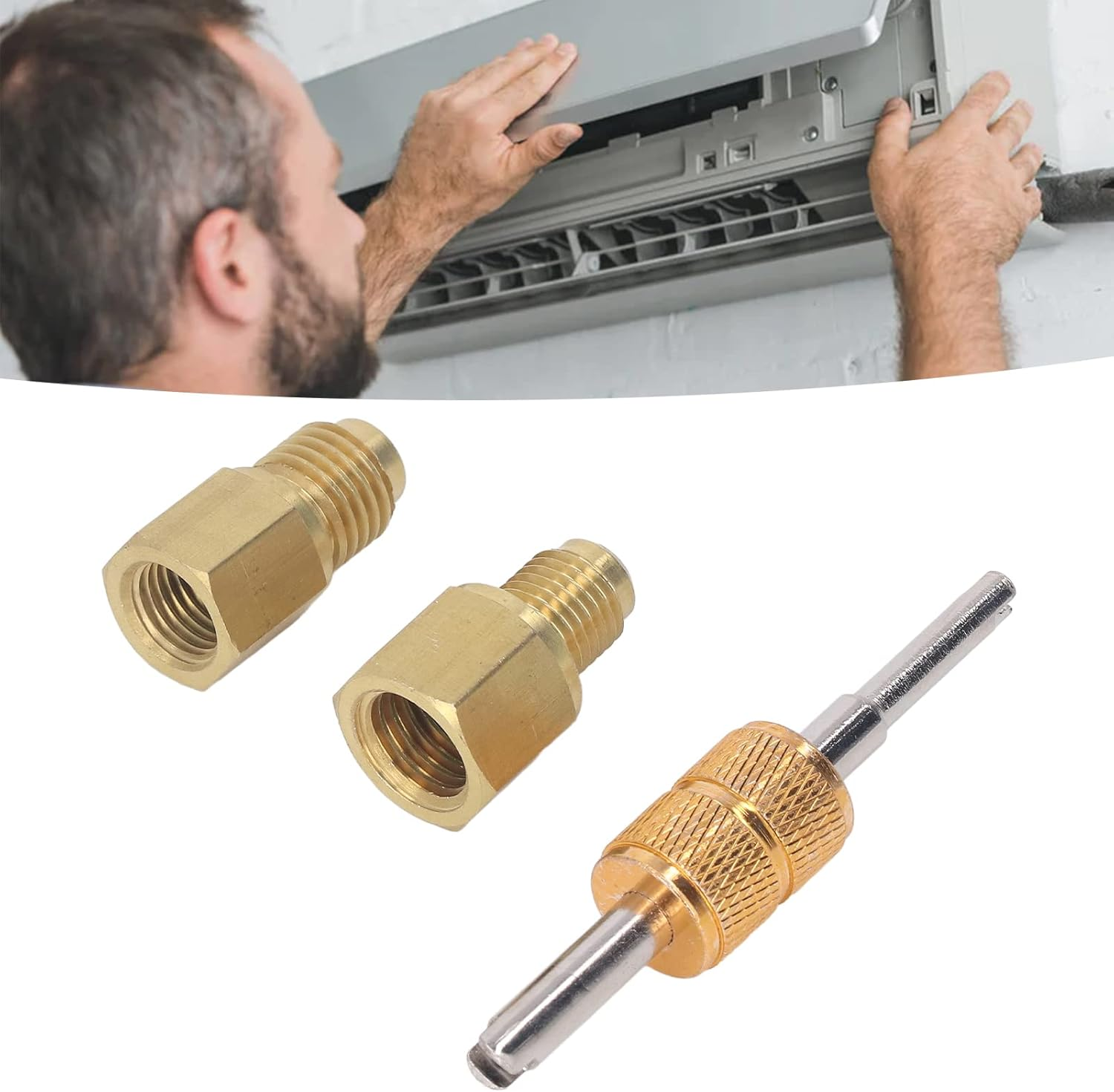 Fdit Fdit Copper Refrigerant Tank Adapter Kit - Dual Size 1/2" Acme to 1/4" SAE Reverse, HVAC Adapter Fittings with Valve Core Tool image number 1