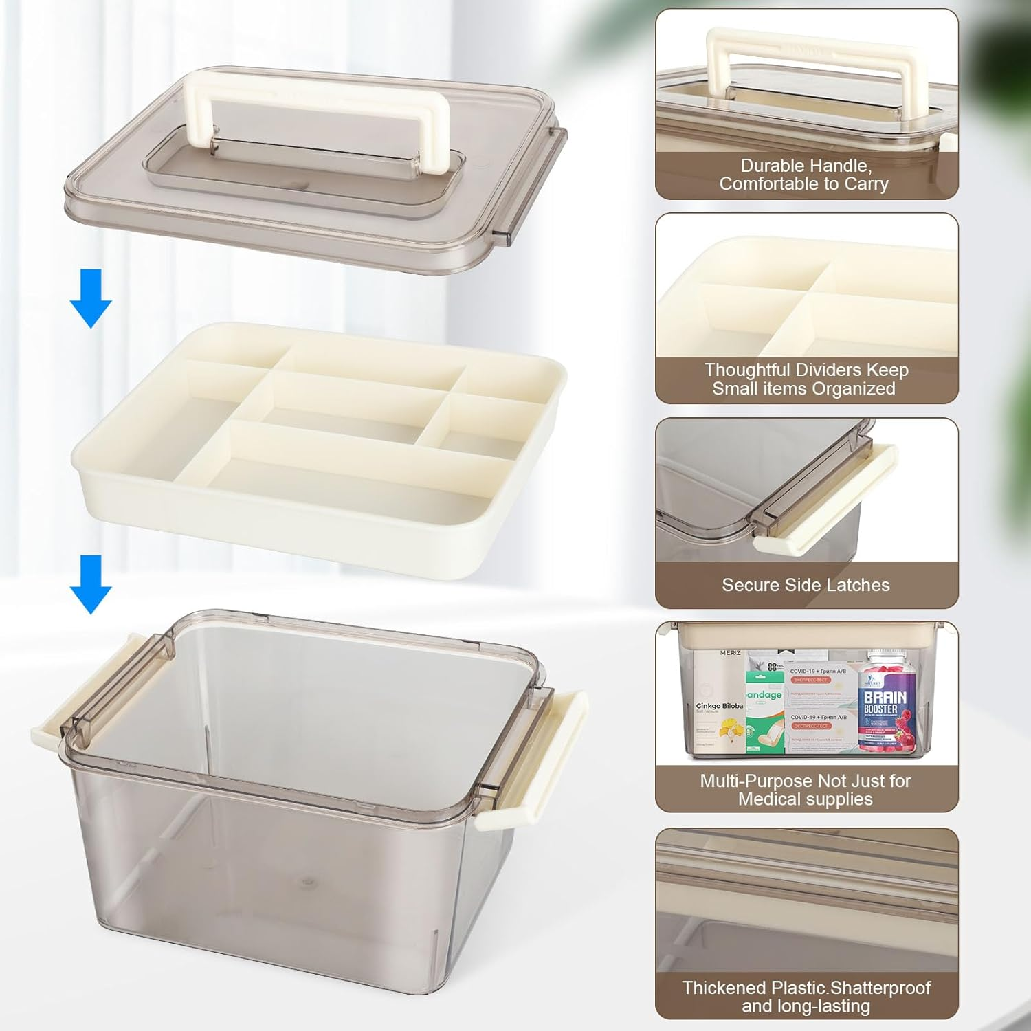 Kakeyrun Medicine Storage Box, 1-Pack Pill Bottle Organizer with Handles & Multi-Layer, Family First Aid Box Medicine Box Organizer (Small) image number 3