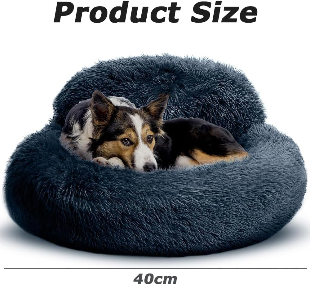 MOTRAIN Calming Dog Bed & Cat Bed, Donut Dog Bed for Small, Medium Dogs, Anti-Slip & Washable round Dog Bed, Fluffy Faux Fur Plush Dog Cat Cushion Bed, 23.6Inch, Deep Grey image number 4