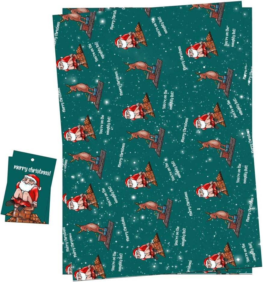 Christmas Wrapping Paper Sheets + Gift Tags (Pack 2) Funny Rude Naughty List Santa Design