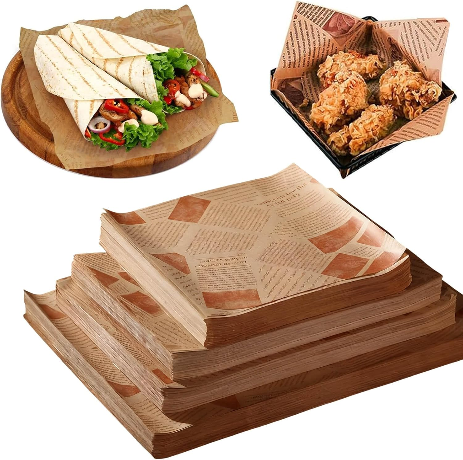 200 PCS 4 Sizes Newspaper Greaseproof Paper Sheets, Burger Cheese Wrapping Papers, Napkins Greaseproof Paper, Old Newspaper Baking Papers for Cheese Bread Sandwich Fries (22Cm, 20Cm, 18Cm, 15Cm)