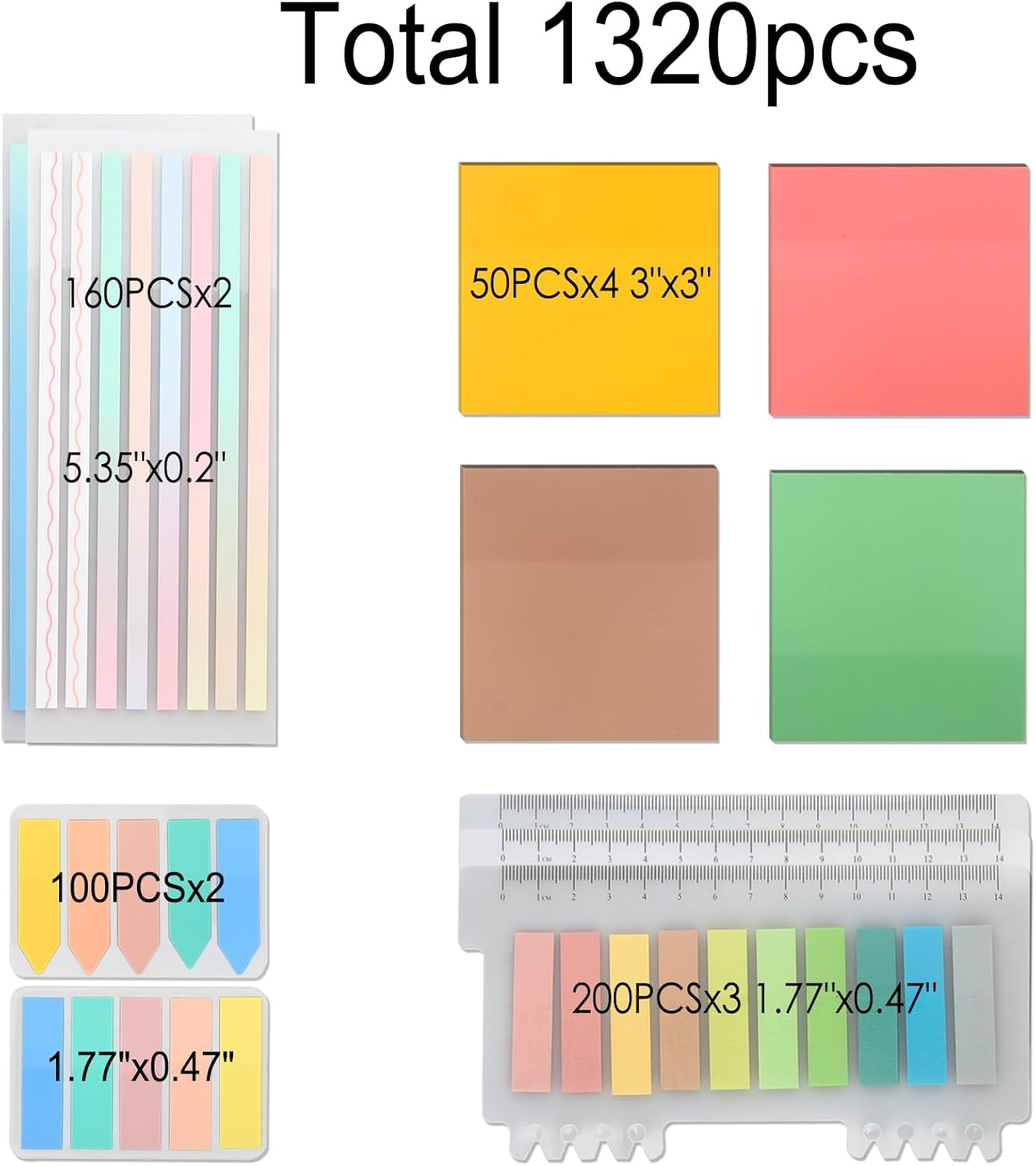 Newplenty Multi-Colored Sticky Notes Set, 1320 Pieces, Transparent, Waterproof, Self-Adhesive Strips, Long Adhesive Strips, Office, School, Bible Marker