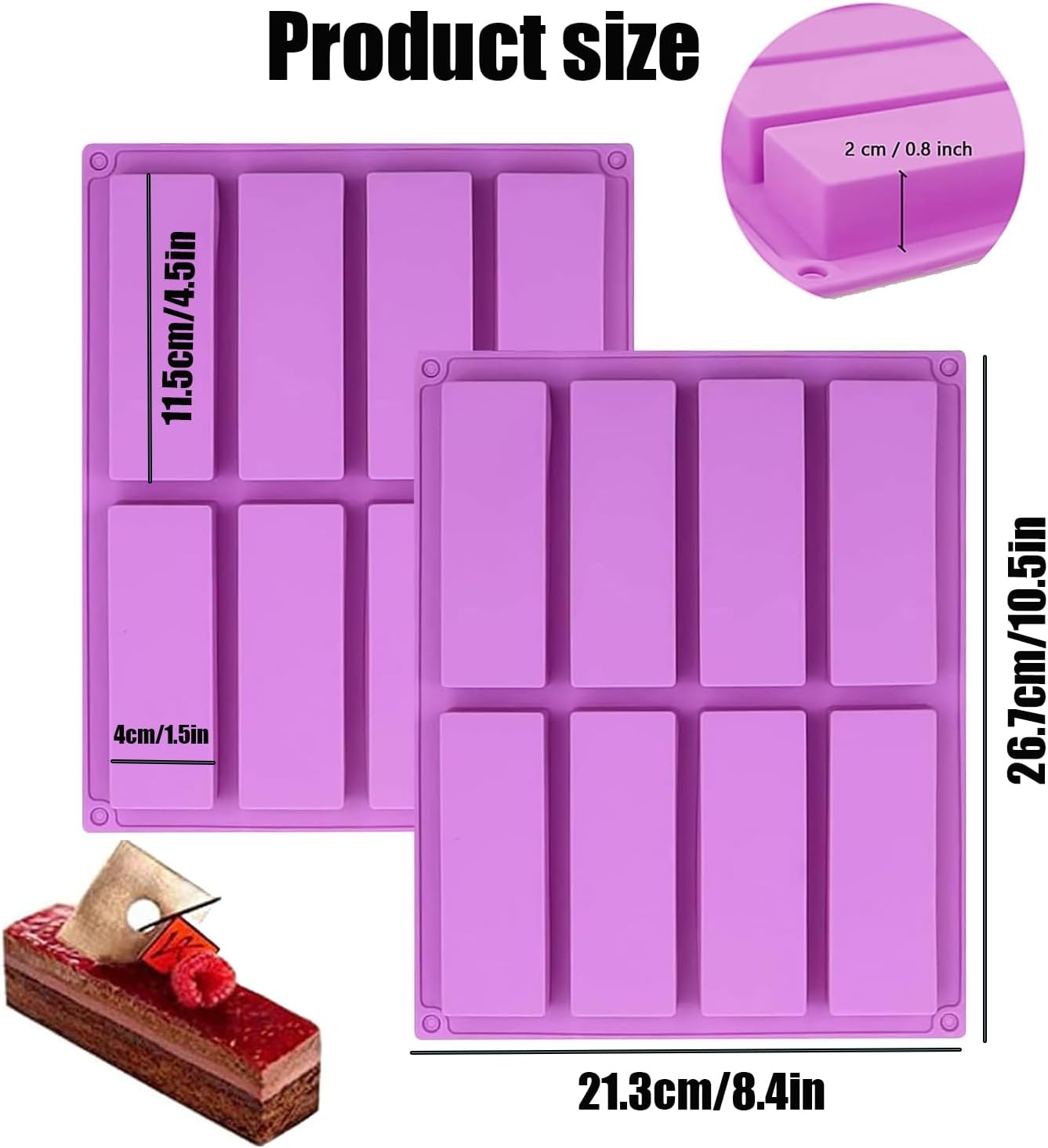 Xinghonyac 2 Pcs Large Rectangle Silicone Mould, 8-Cavity DIY Granola Bars Mold, Chocolate Mould, Cereal Bar Molds for Chocolate Truffle Bread Brownie Cornbread Cheesecake Butter Soap (Purple)