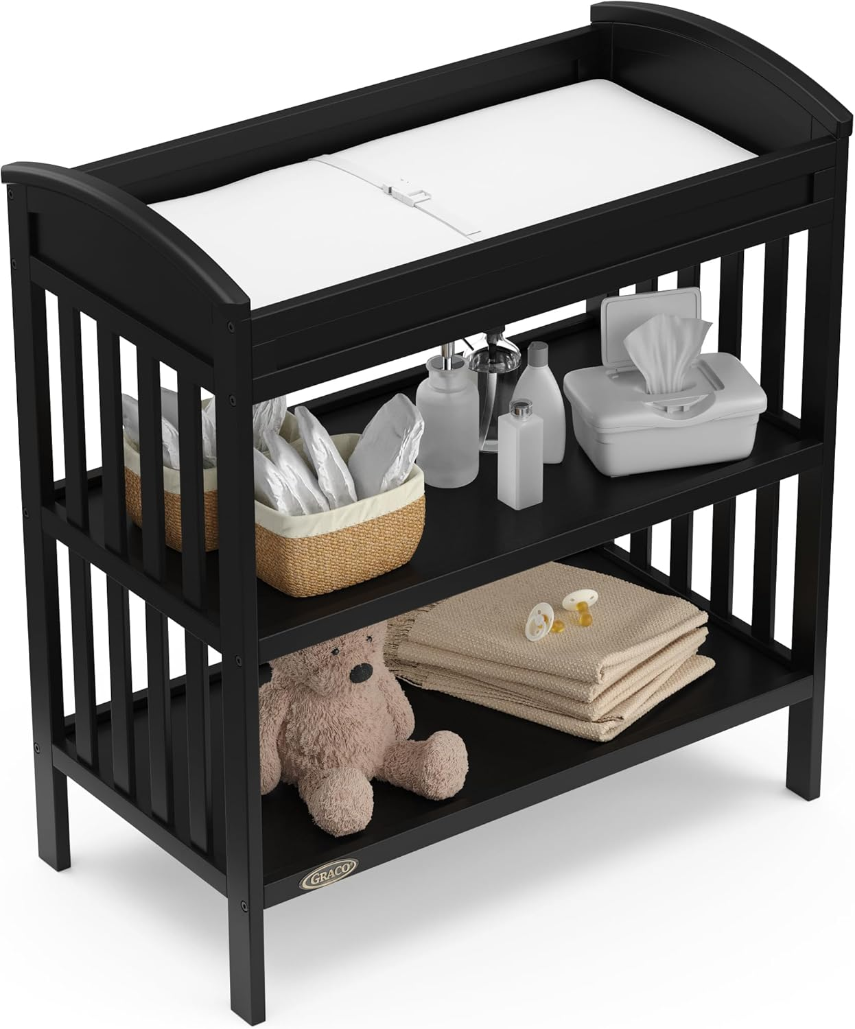 Graco Benton Changing Table with Bonus Water-Resistant Changing Pad (Black) - GREENGUARD Gold Certified, Includes Diaper Change Pad with Safety Strap, 2 Open Storage Shelves for Organizing image number 4
