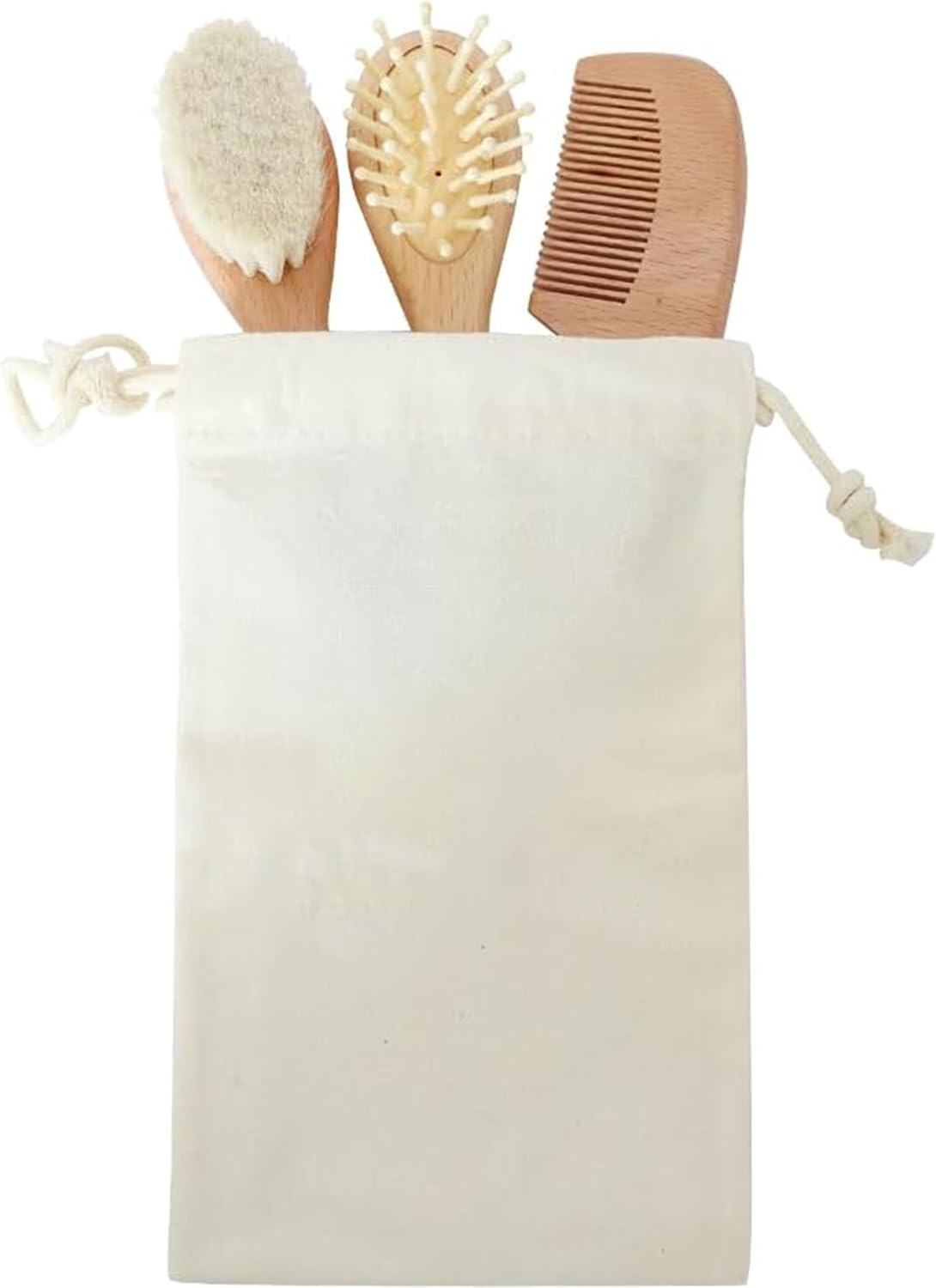 Natural Wooden Baby Grooming Set, 3-Piece with Goat Hair Brush, Comb and Storage Bag image number 5