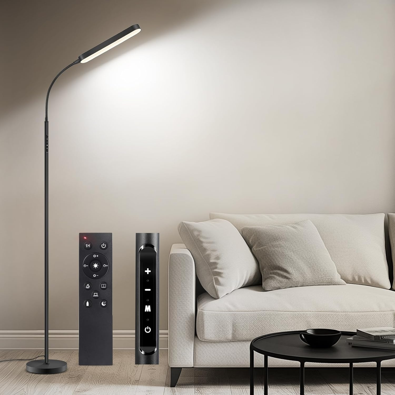 OUTON LED Floor Lamp, 15W 1500LM Dimmable Reading Lighting with 360&deg;Rotatable Neck, 4 Colour Temperatures, Remote & Touch Control, 1H Timer Tall Standing Lamp for Living Room Bedroom Office, Black