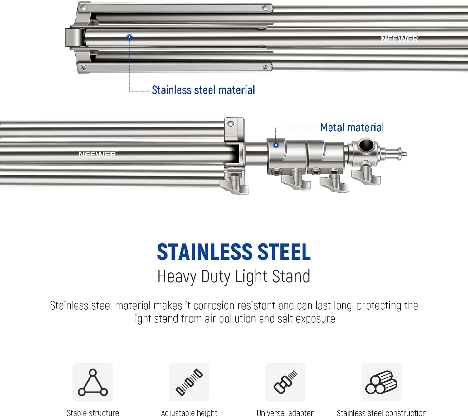 NEEWER 7.2Ft/2.2M Stainless Steel Light Stand, Spring Cushioned Heavy Duty Photography Tripod Stand with 1/4&rdquo; to 3/8&rdquo; Universal Screw Adapter for Strobe,Led Video Light,Ring Light, Monolight, Softbox image number 5