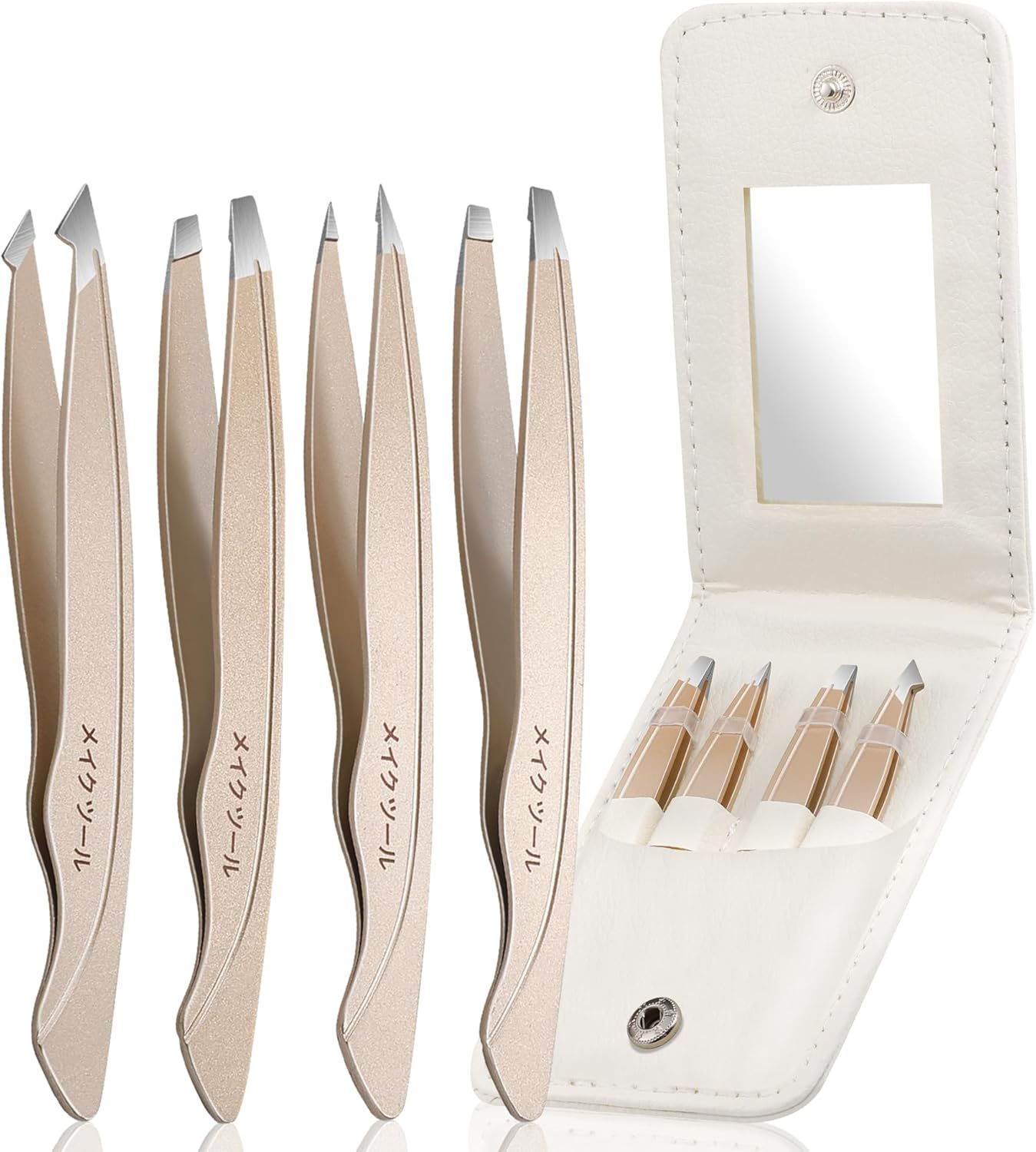 Tweezers Set for Women Facial Hair: 4Pcs Stainless Steel Eyebrow Tweezer Set with Travel Mirror Case, Suitable for Everyday Use in Car, Purse image number 1