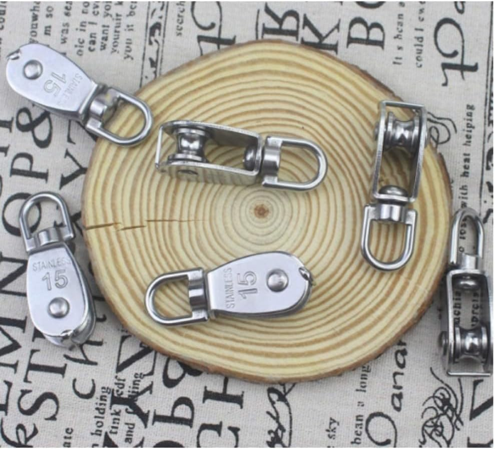 Stainless Steel Wire Rope Crane Pulley Block M15 Lifting Crane Swivel Hook Single Pulley Block Hanging Wire Towing Wheel,304 Stainless Steel 0.59" (6PCS) image number 4