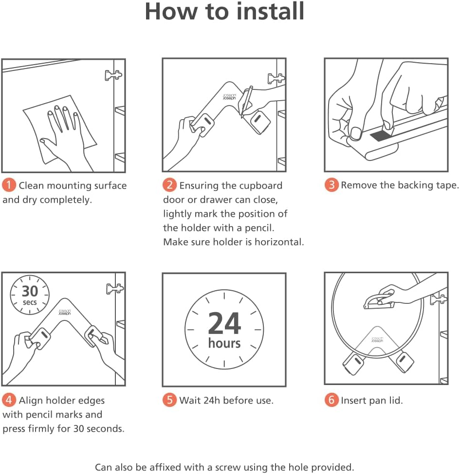 Joseph Joseph Space Set of 2 Pot and Pan Lid Holders Self Adhesive Wall Mount Storage Organiser, Suitable for Lids up to 28 Cm, 3M VHB Tape and Screws Included, Stainless Steel image number 6