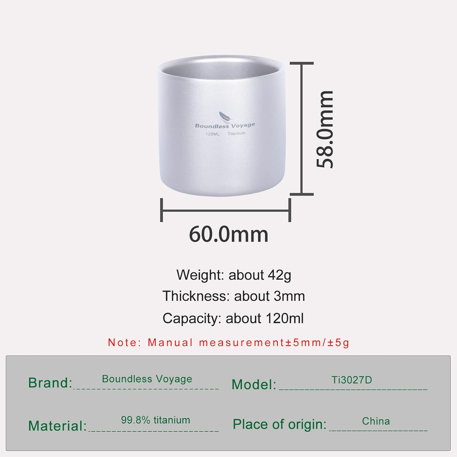 Boundless Voyage Double Walled Titanium Cup Insulated Outdoor Camping Mug Tableware 120Ml 180Ml 300Ml (Ti15152B (120Ml)) image number 5