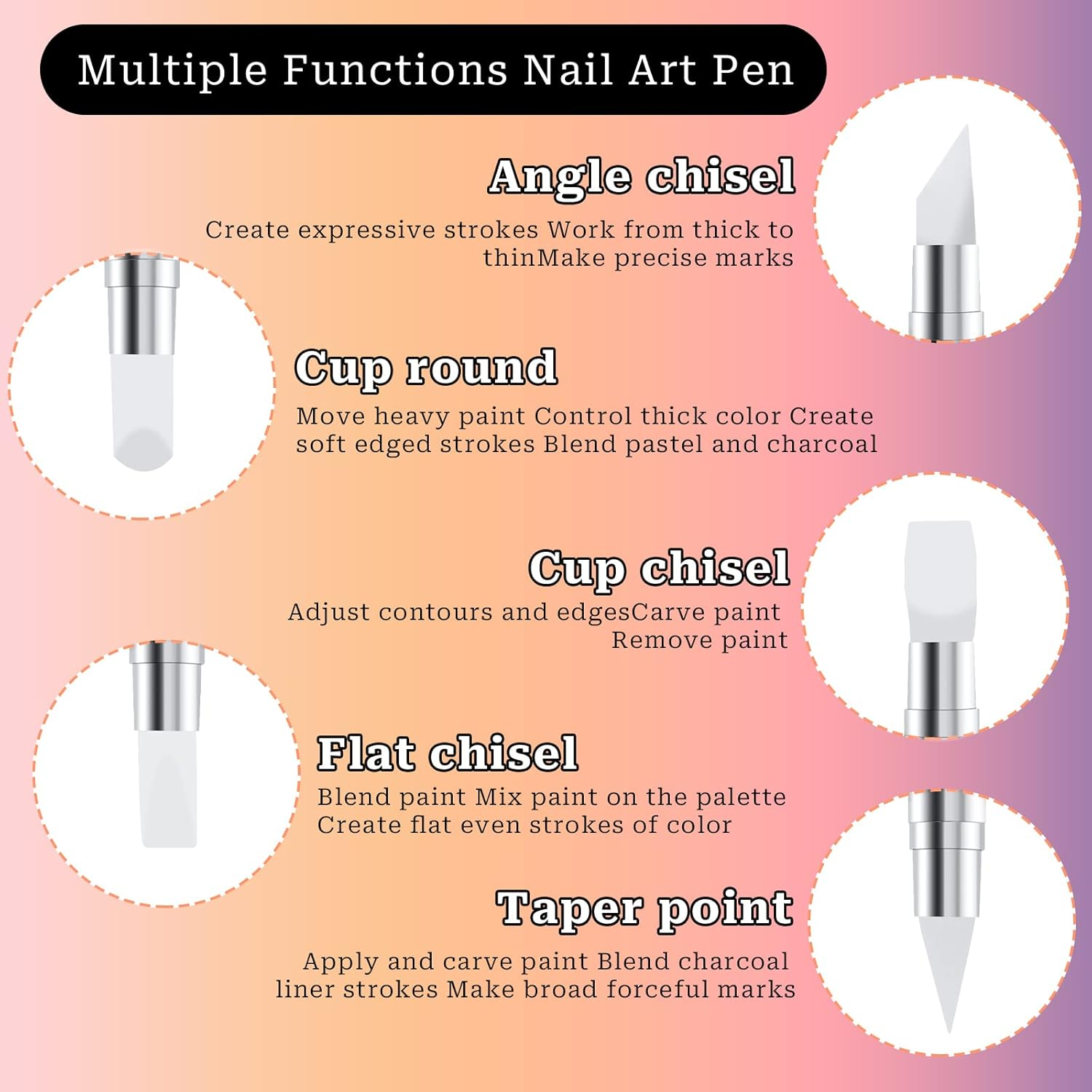 Sliverdew 5Pcs Nail Art Sculpture Pen Dual Tipped Silicone Nail Tools Nail Art Acrylic Pen Silicone Brushes for Resin Nail Art Tools for Design Nail Foil Carving Drawing Effect Shaping Drawing image number 2