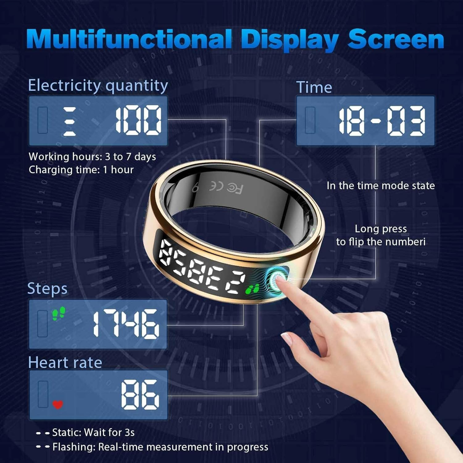 Smart Ring for Women with Display Screen, Smart Ring for Men, Fitness Sport Step Activity Time Calories, Wireless Charging, for Ios Android (Black, 11)