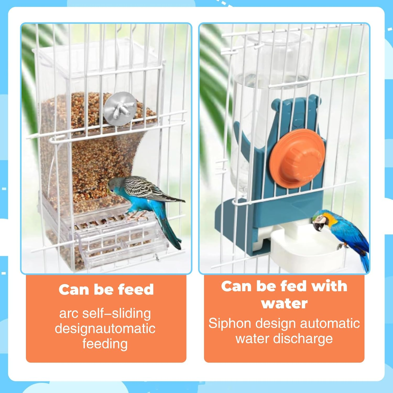 SUSOO Bird Feeder and Water Dispenser Set, Leak-Proof Acrylic Automatic Seed Feeding Container, Hydration Drinker for Parrot, Parakeets,Budgies, Cockatiels,Canaries,And Lovebirds Cage Accessories