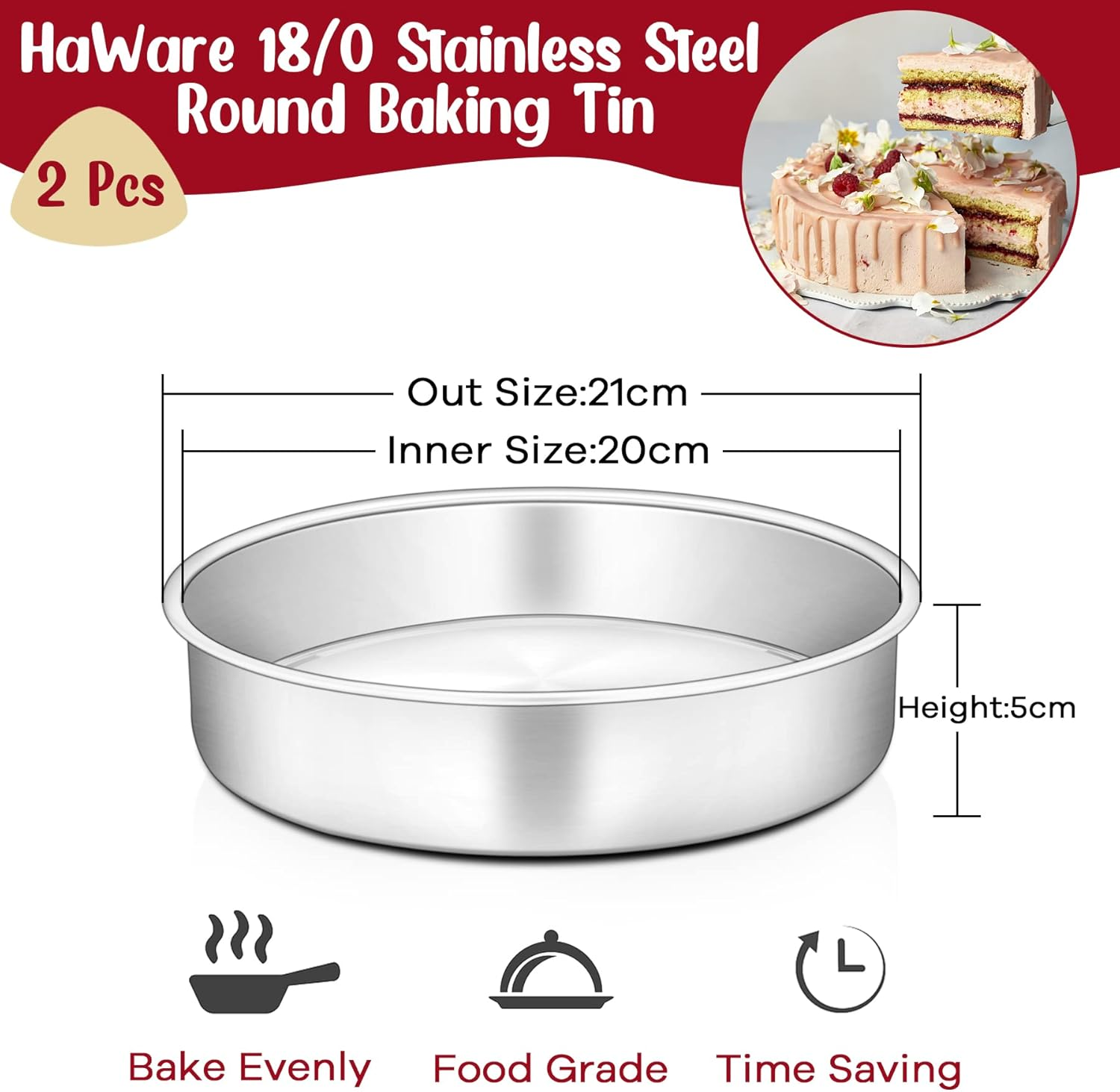 Haware 8 Inch Cake Tin, Stainless Steel round Baking Pan Set of 2, Birthday Wedding Layer Cake Tin for Baking Roasting Serving, Healthy & Non-Toxic, Mirror Polished & Dishwasher Safe (20Cm)
