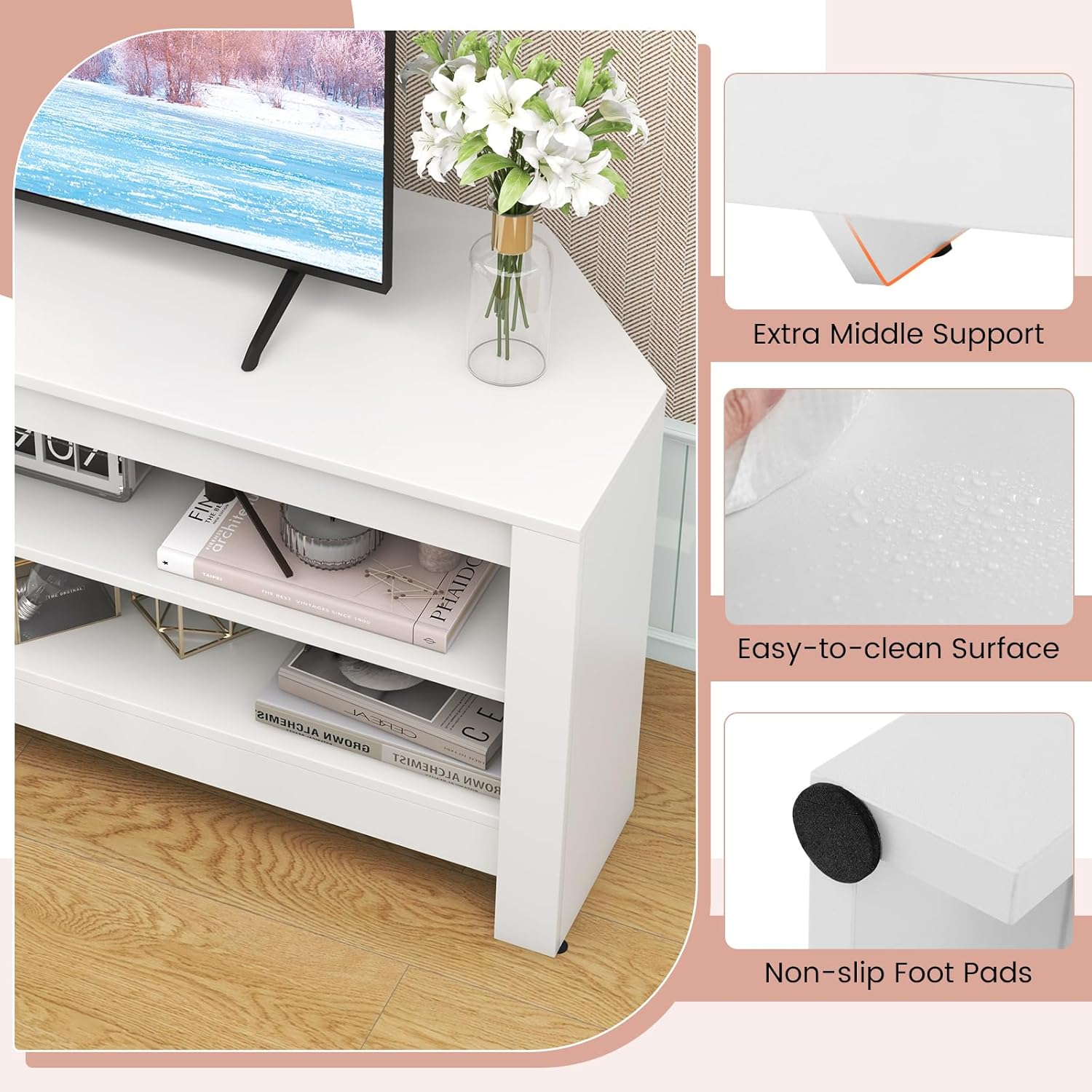 Giantex Corner TV Stand with Power Outlet, 3-Tier Entertainment Center with 4 Open Storage Shelves, 140CM Multifunctional Console Table for up to 65 Inch TV, for Living Room & Bedroom (White) image number 4