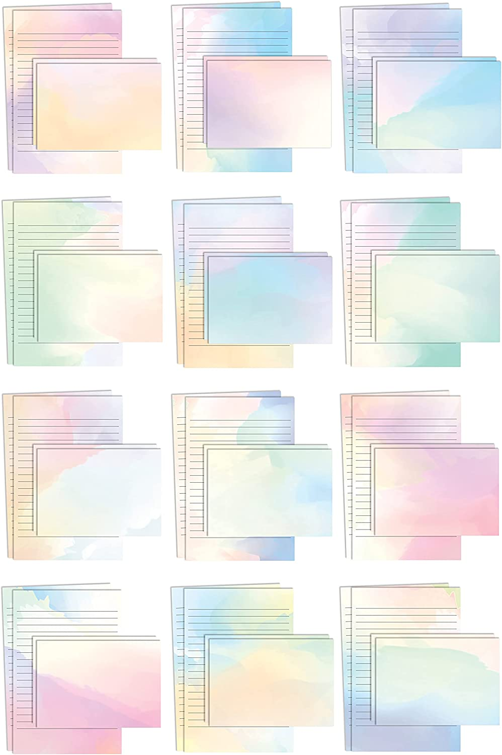 Better Office Products Mini Stationery Set, 100 Piece Set (50 Lined Watercolor Sheets + 50 Matching Envelopes), 5.5 X 8.25 Inch, 12 Unique Designs, Double Sided Printing, One Side Lined Paper, By image number 5