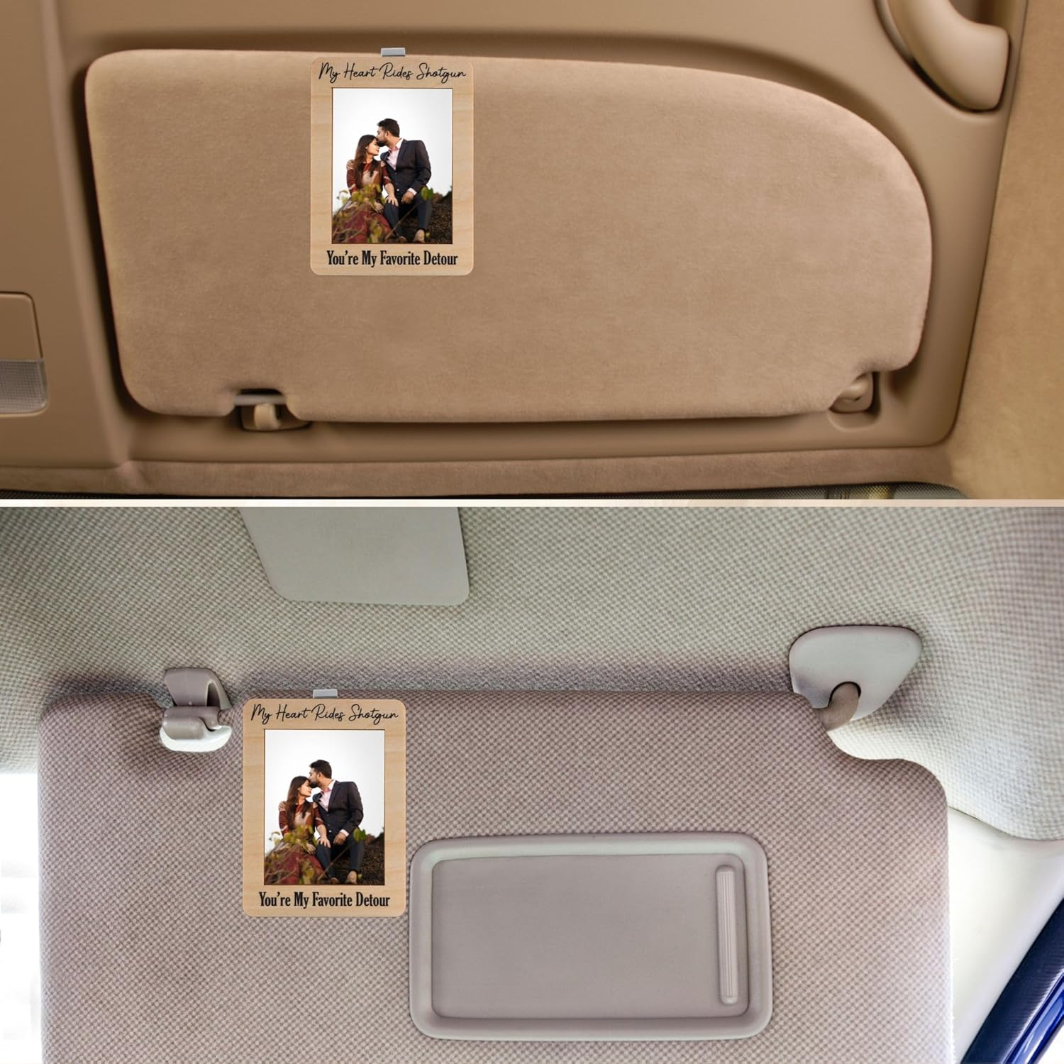 MOTOFITOOL Car Visor Picture Frame, My Heart Rides Shotgun Photo Holder, Drive Safe I Love You Clip, Personalized Car Accessory, Wooden Keepsake image number 1