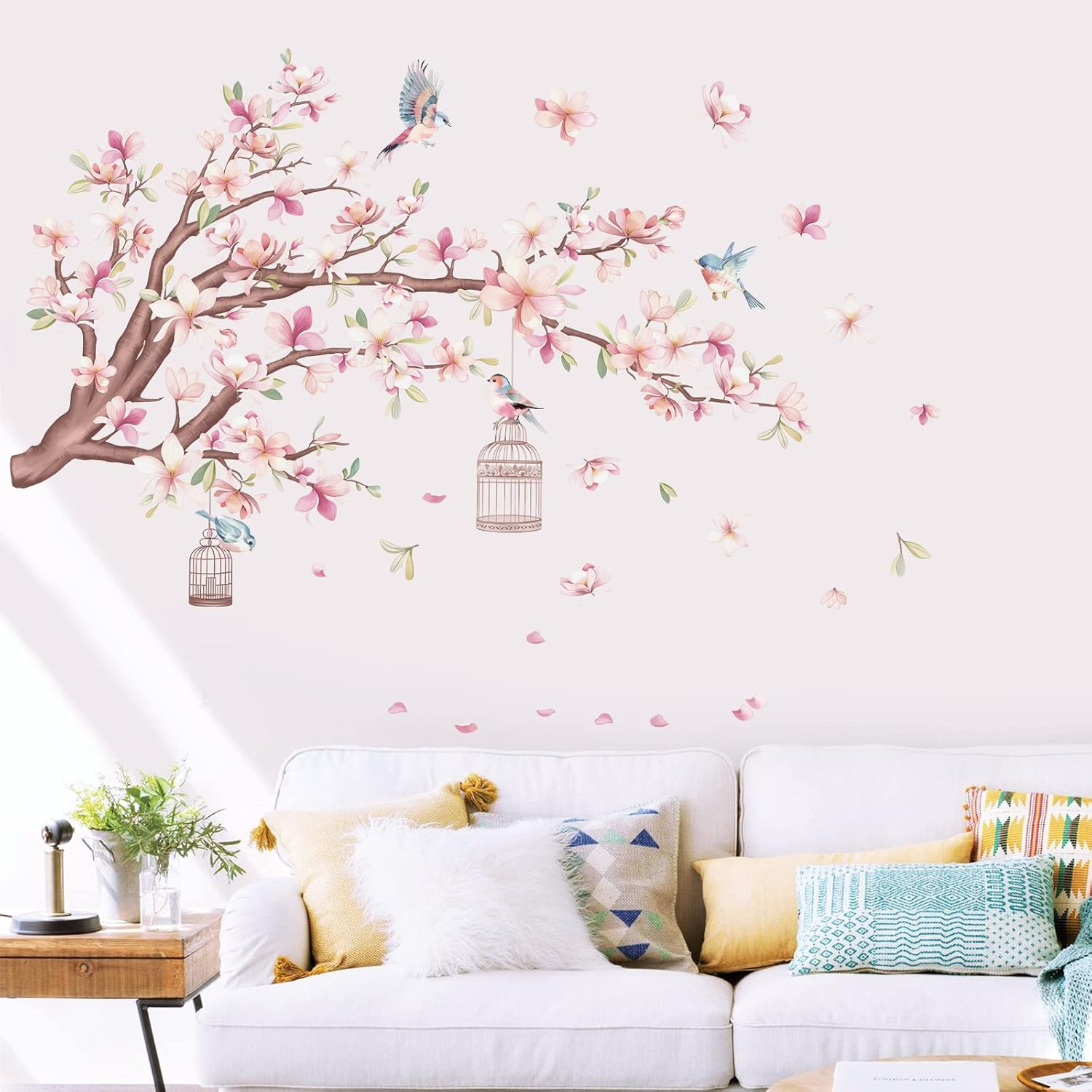 Wondever Cherry Blossom Flowers Wall Stickers Pink Magnolia Floral Tree Branch Birds Peel and Stick Wall Art Decals for Living Room Bedroom TV Wall