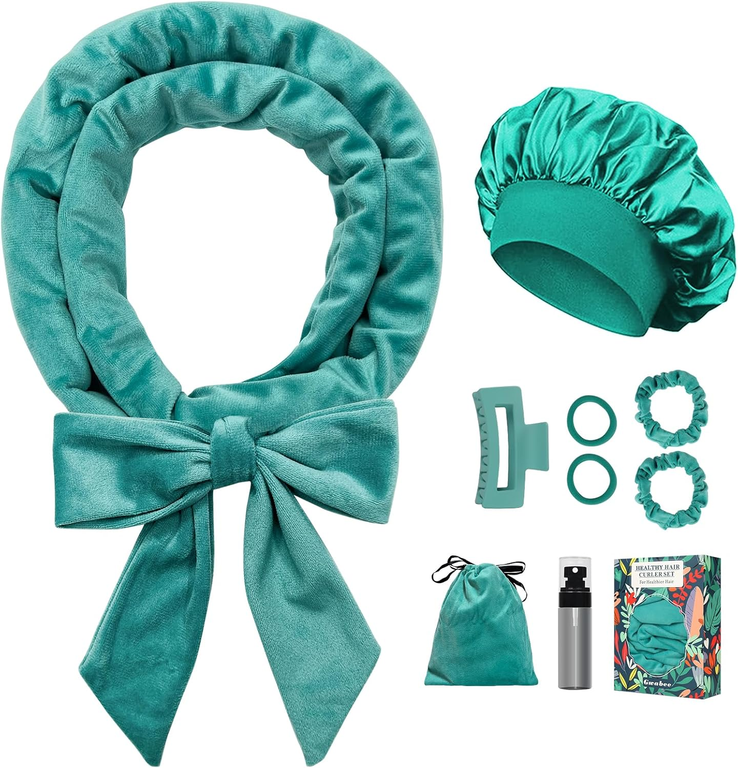 No Heat Overnight Curl Headband, 70" Soft Ribbon Wrap for Long Hair, 9 PCS Hair Curling Rods Set - Blue Green