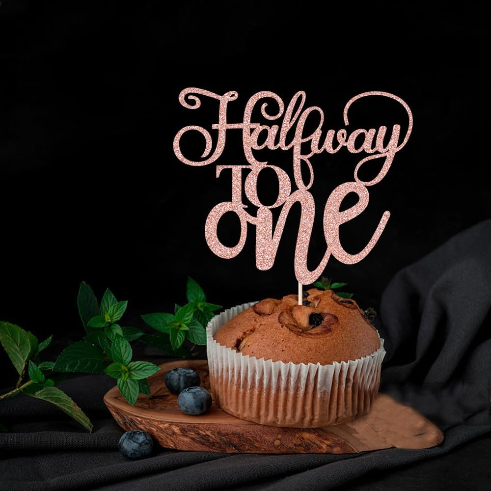 Half Way to One Cake Topper,Glitter 6 Months Birthday Decorations,Its My 1/2 Birthday Cake Topper,Baby Boy or Girl 6 Months Birthday Party Decoration Supplies (Rose Gold) - Gold image number 2