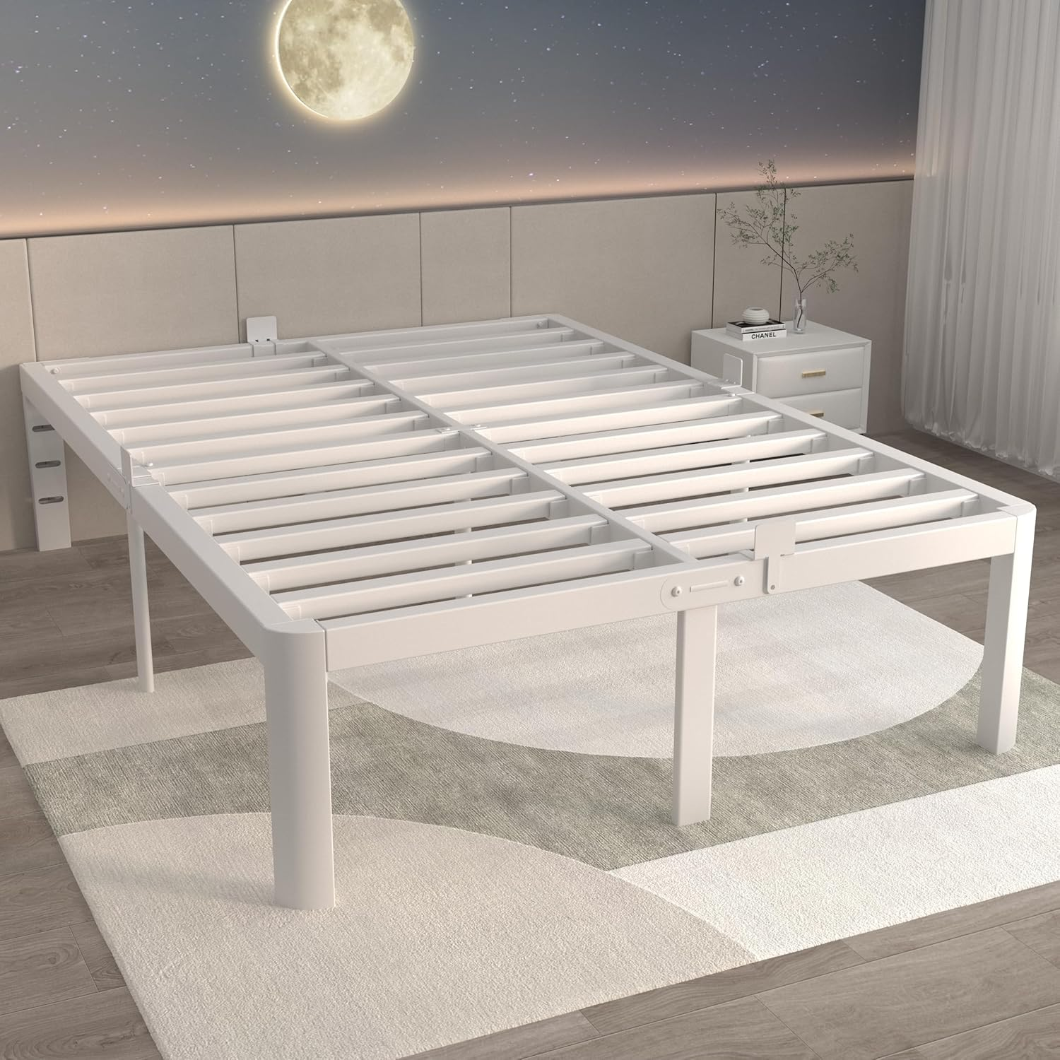 ITIMIDI 16 Inch Bed Frame Queen Size with Metal Gaskets, Heavy Duty Queen Platform Bed Frame No Box Spring Needed, DIY Headboard, Anti-Slip Mattress Stopper, round Corner Leg, Easy Assembly, White image number 4