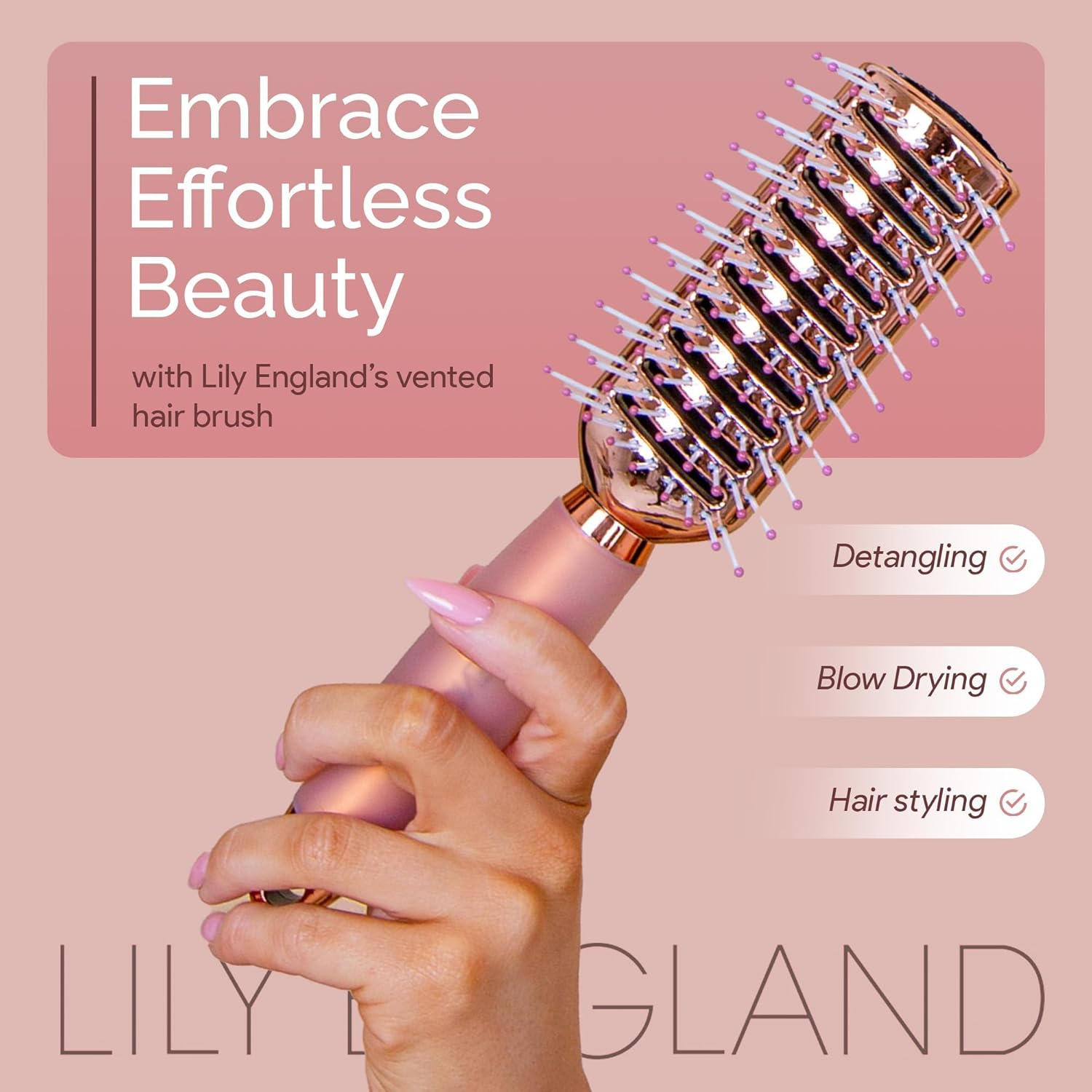 Lily England Vent Hair Brush for Blow Drying, Detangling Hairbrush for Women - Vented Brush with Gel Handle - Rose Gold By image number 4