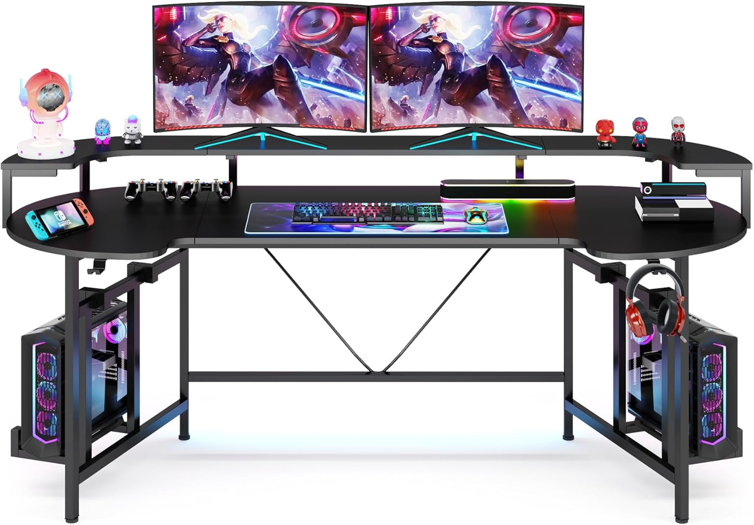 Tribesigns 190 Cm Gaming Desk with Shelf, Large RGB Gaming Table, Computer Gaming Table, Carbon Fiber Gamer Desk for Bedroom, Home Office, Black image number 2
