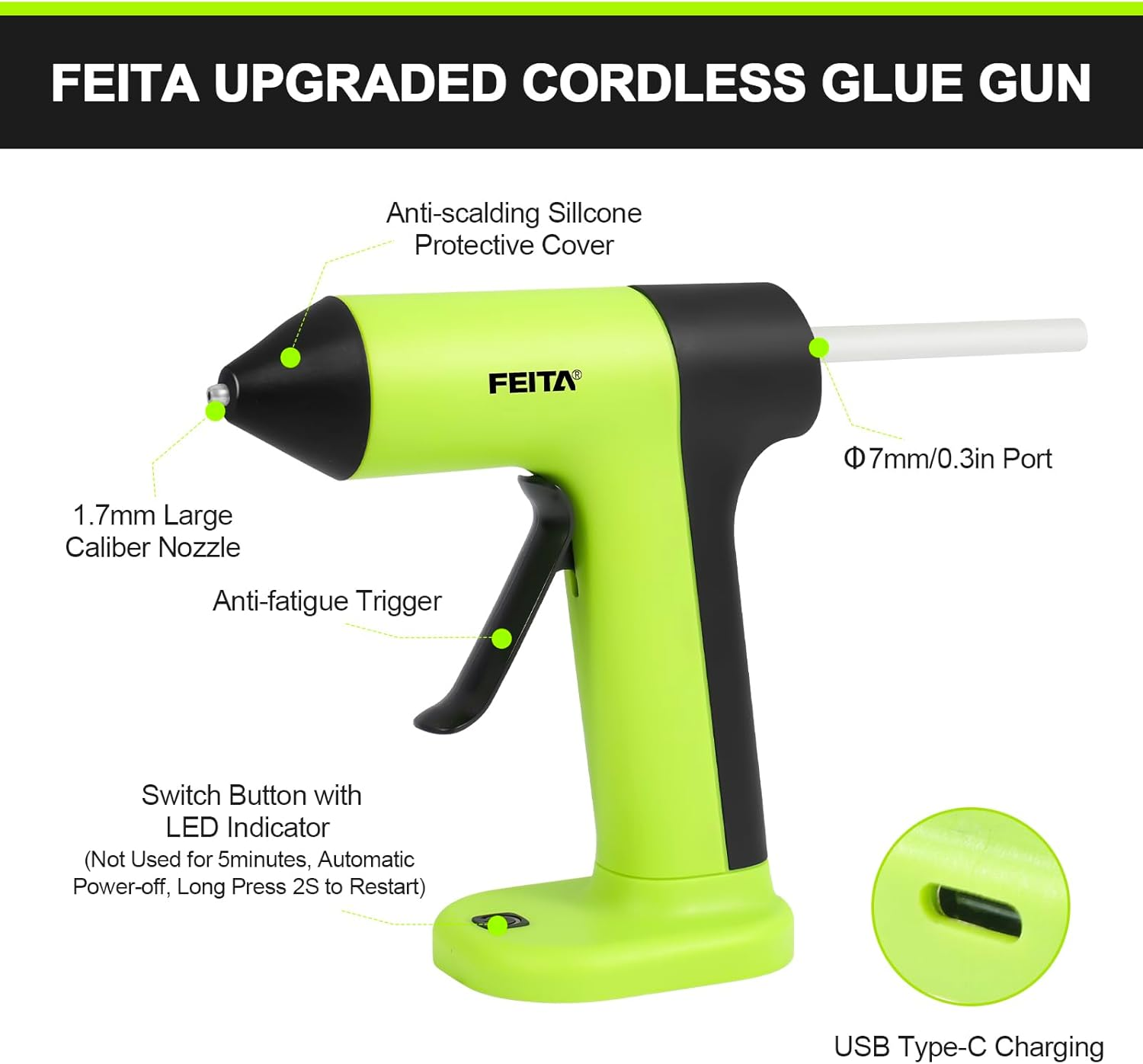 FEITA Cordless Hot Glue Gun Usb-C Rechargeable, 40S Fast Preheating, Portable Wireless Glue Gun Kit with 30Pcs Mini Glue Sticks, Suitable for Kids Craft, DIY Home Repair image number 1